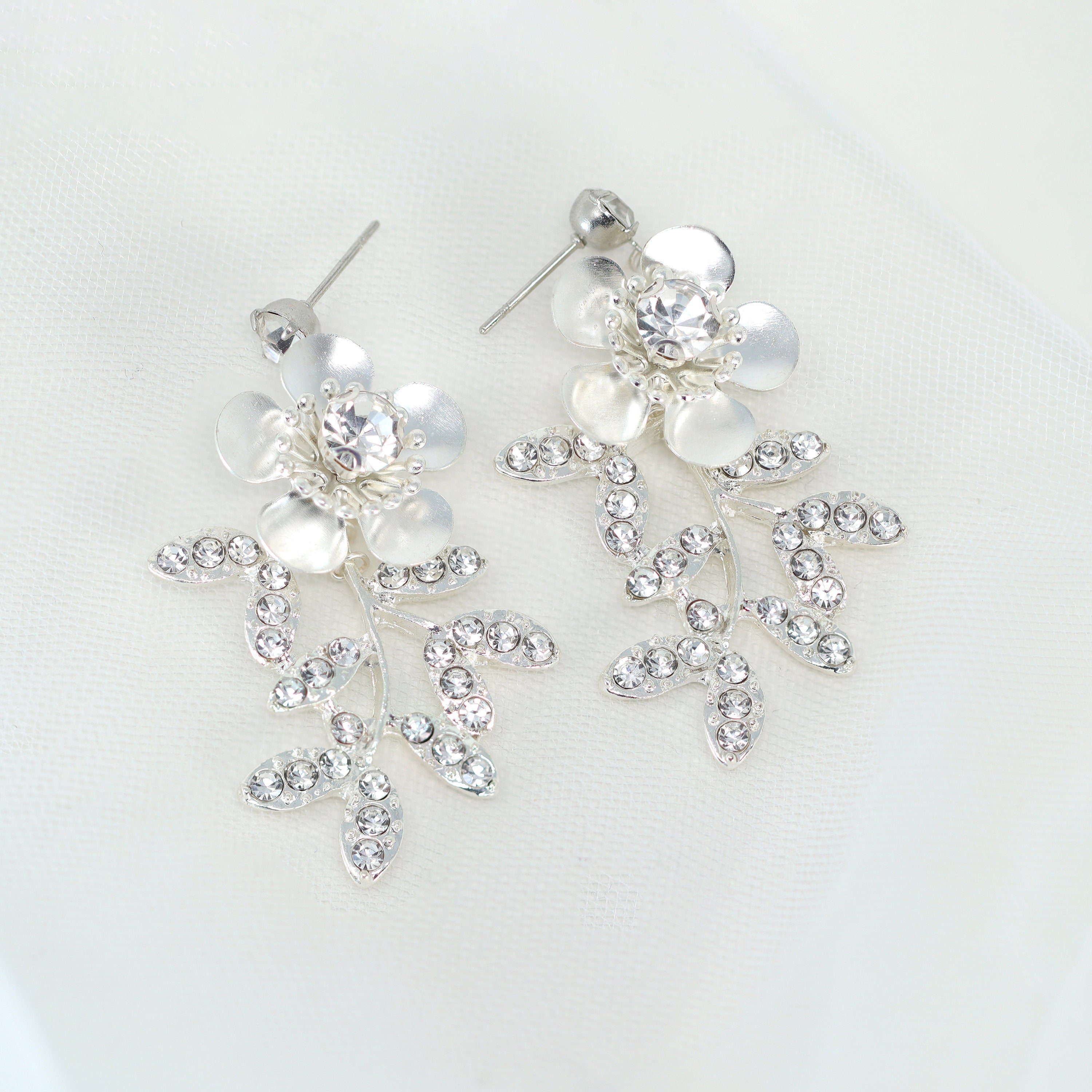 Swarovski Floral Petals Dream Crystal, Rhinestone Earrings, Long Bridal Jewelry Bridal Earrings Clip On Earrings, Statement Earrings.