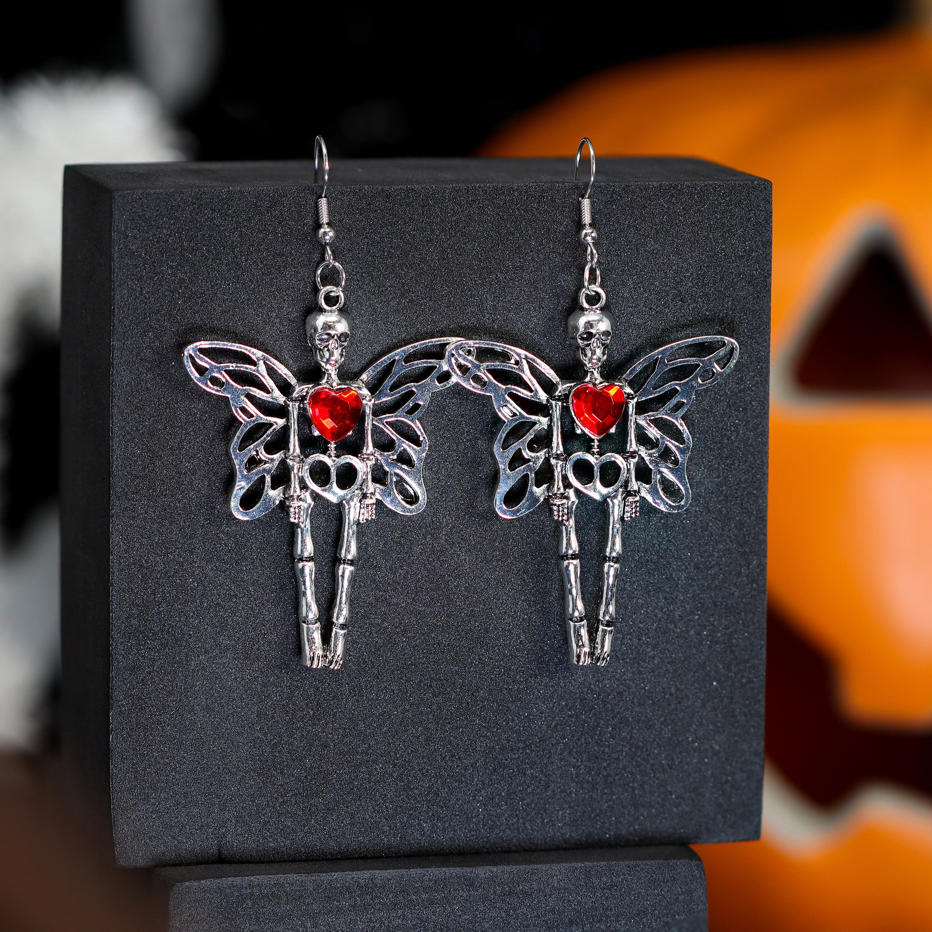 Red Heart Butterfly Skeleton Halloween Earrings, Long Rhinestone Halloween Earrings, Spooky Statement earrings.