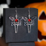 Red Heart Butterfly Skeleton Halloween Earrings, Long Rhinestone Halloween Earrings, Spooky Statement earrings.