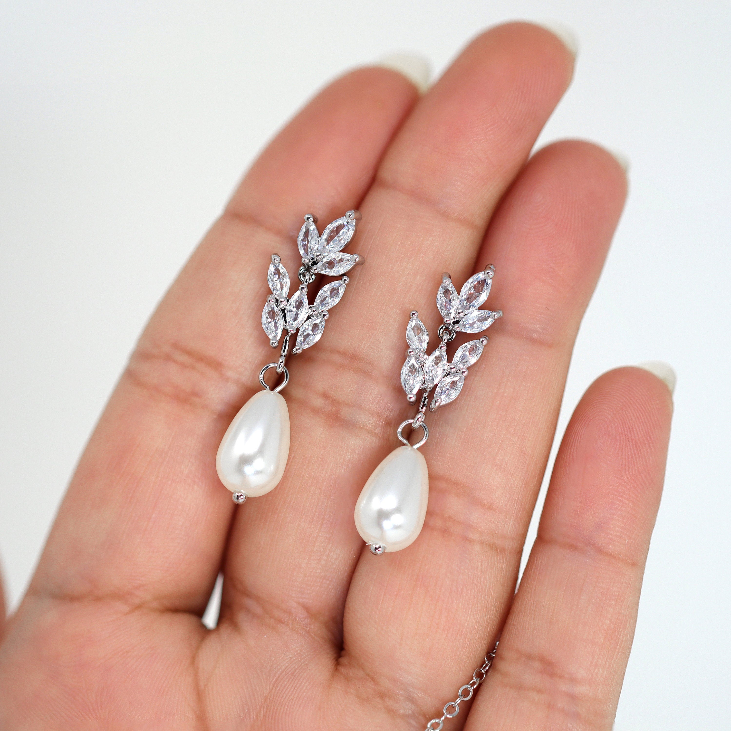 Swarovski Crystal Faux Pearl Drop Vine Leaves Necklace Set, Long Bridal Earrings And Necklace, Statement Earrings Cz