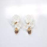 Ceramic Rosette White Flower Faux Pearl Vine Leaves Earrings, Long Bridal Jewelry Crystal Bridal Earrings Statement Earrings