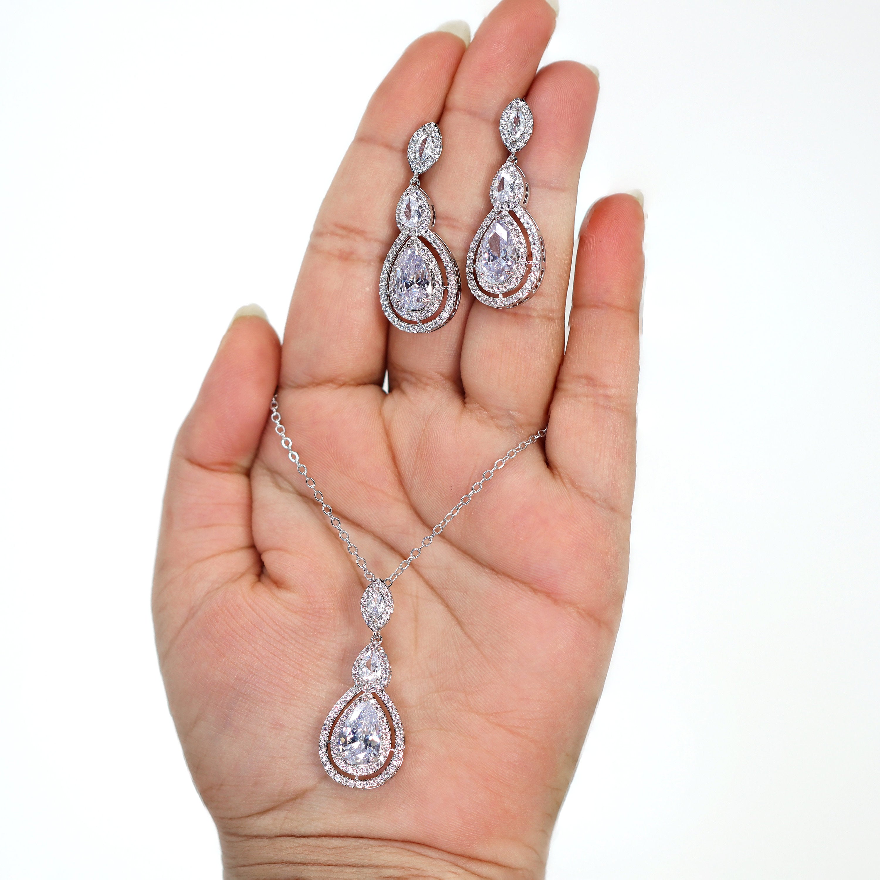 Swarovski Crystal Dainty Tear Drop Necklace , Bridal Jewelry, Bridal Earrings And Necklace, Statement Earrings Cz, Necklace Set