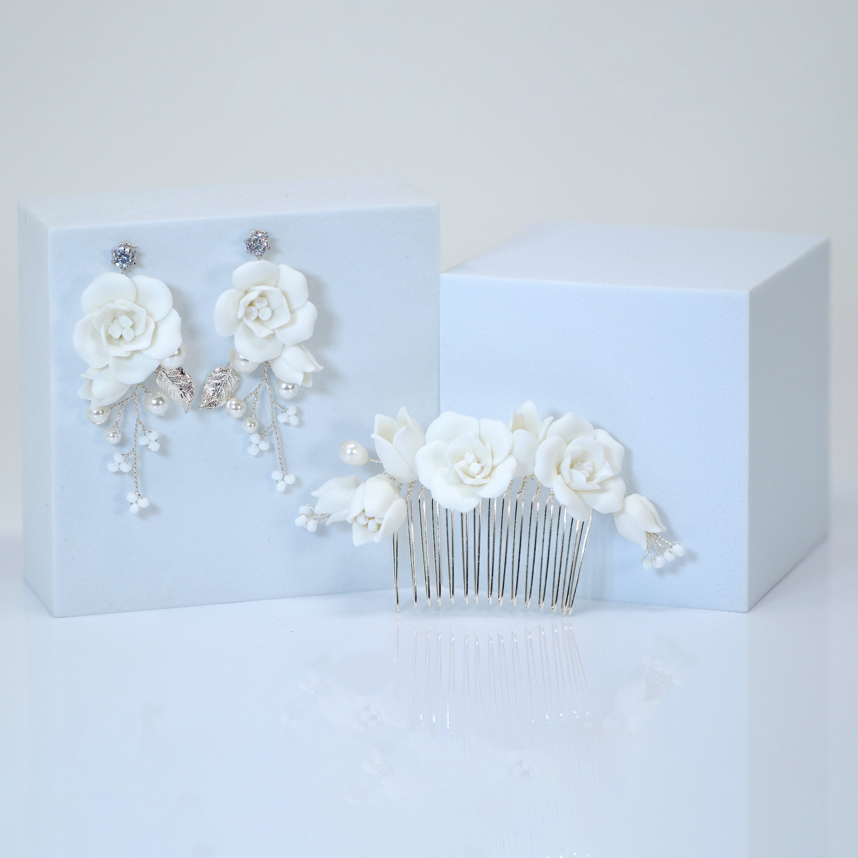 Pearl Dusted White Rose And Lily Blossom Earring , Bridal Ceramic Rose Earring, Bridal Hair Accessories, Wedding Earring.