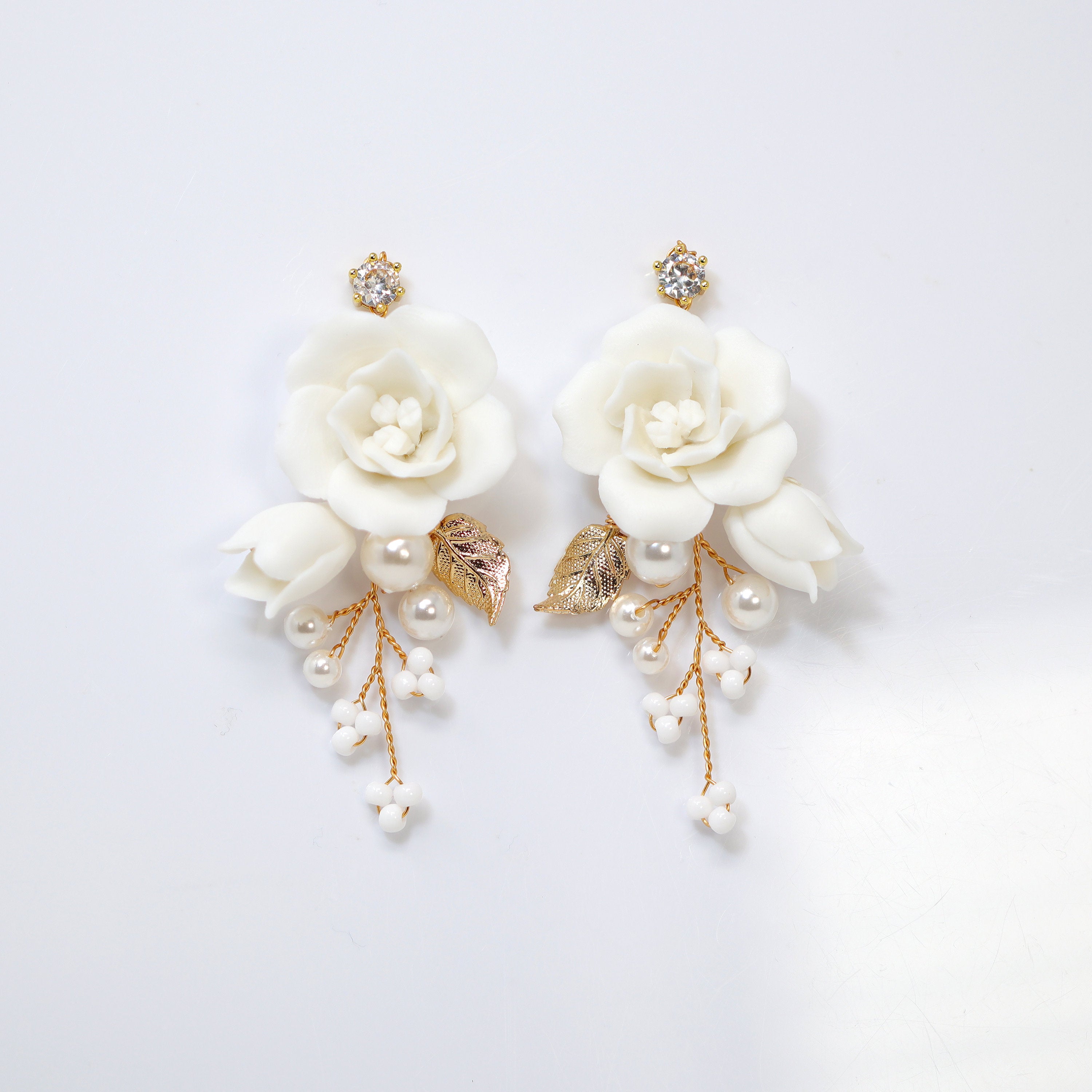 Pearl Dusted White Rose And Lily Blossom Earring , Bridal Ceramic Rose Earring, Bridal Hair Accessories, Wedding Earring.