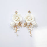Pearl Dusted White Rose And Lily Blossom Earring , Bridal Ceramic Rose Earring, Bridal Hair Accessories, Wedding Earring.