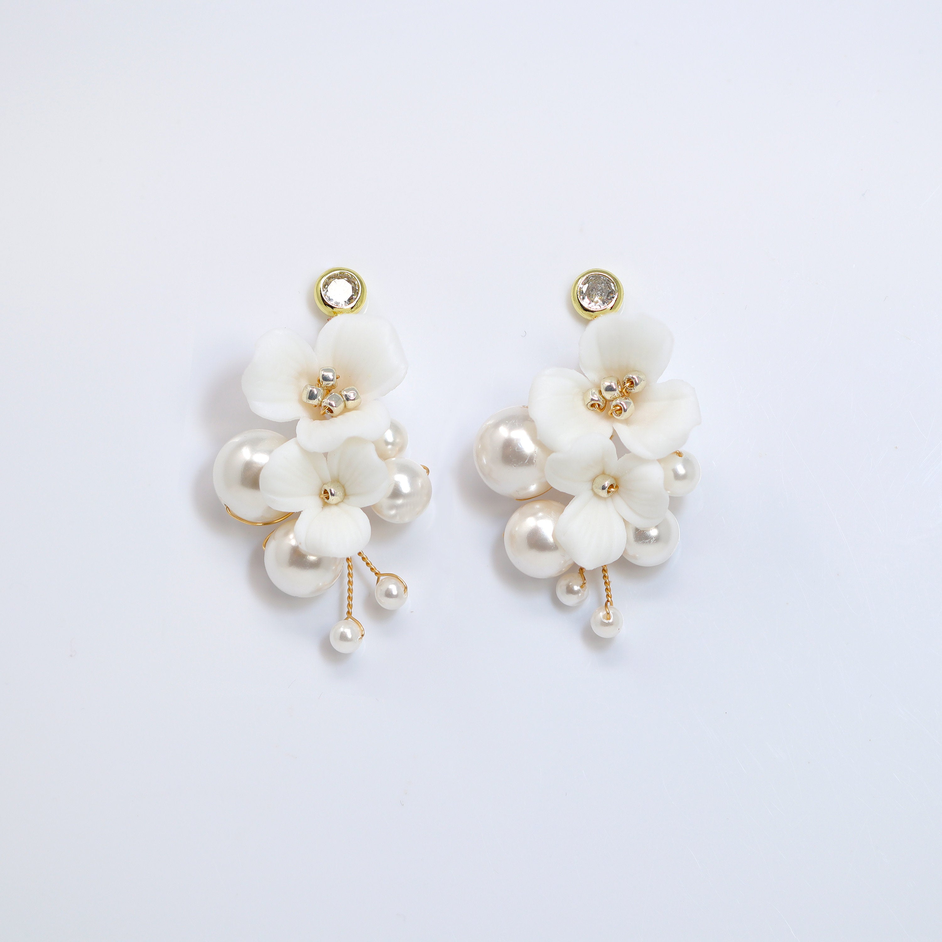 Pearl Dusted White Orchid Blossom Earring , Bridal Ceramic Rose Earring, Bridal Hair Accessories, Wedding Earring.