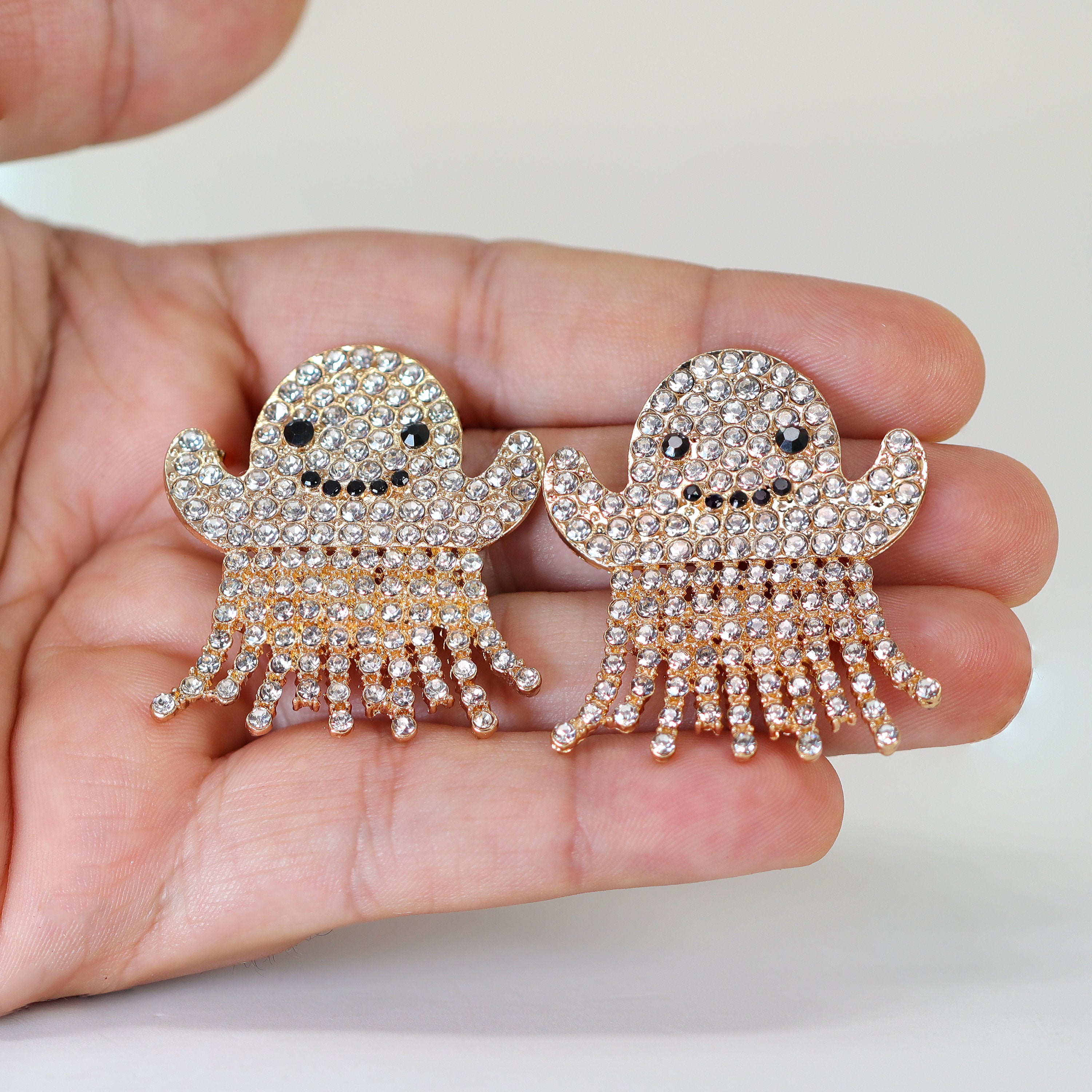 Cute Rhinestone Crystal Gold Ghost Earrings, Halloween Party Earrings, Spooky Statement earrings.