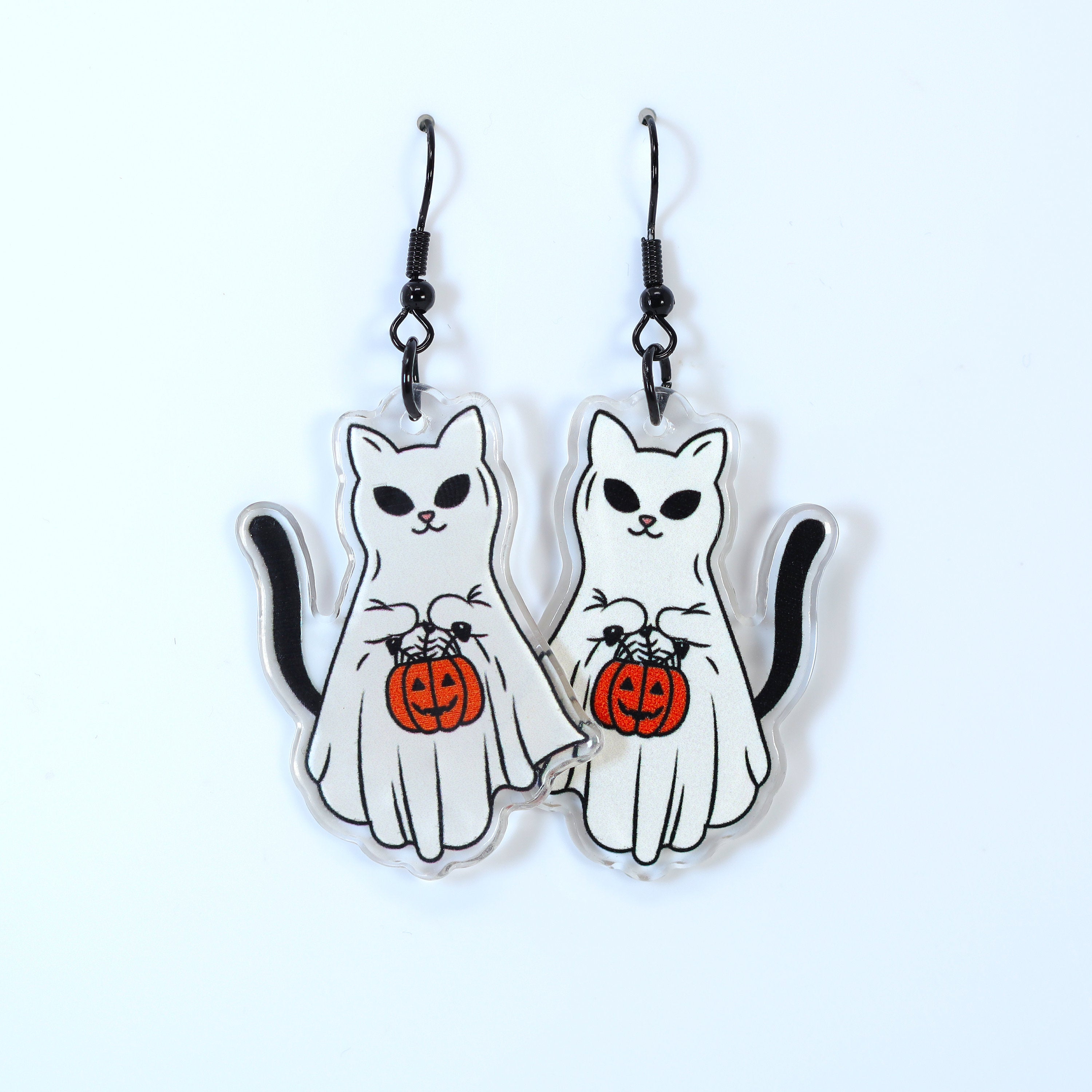 Cute Kitty Trick Or Treat Halloween Earrings, Cat Halloween Earrings, Spooky Pumpkin Statement earrings.