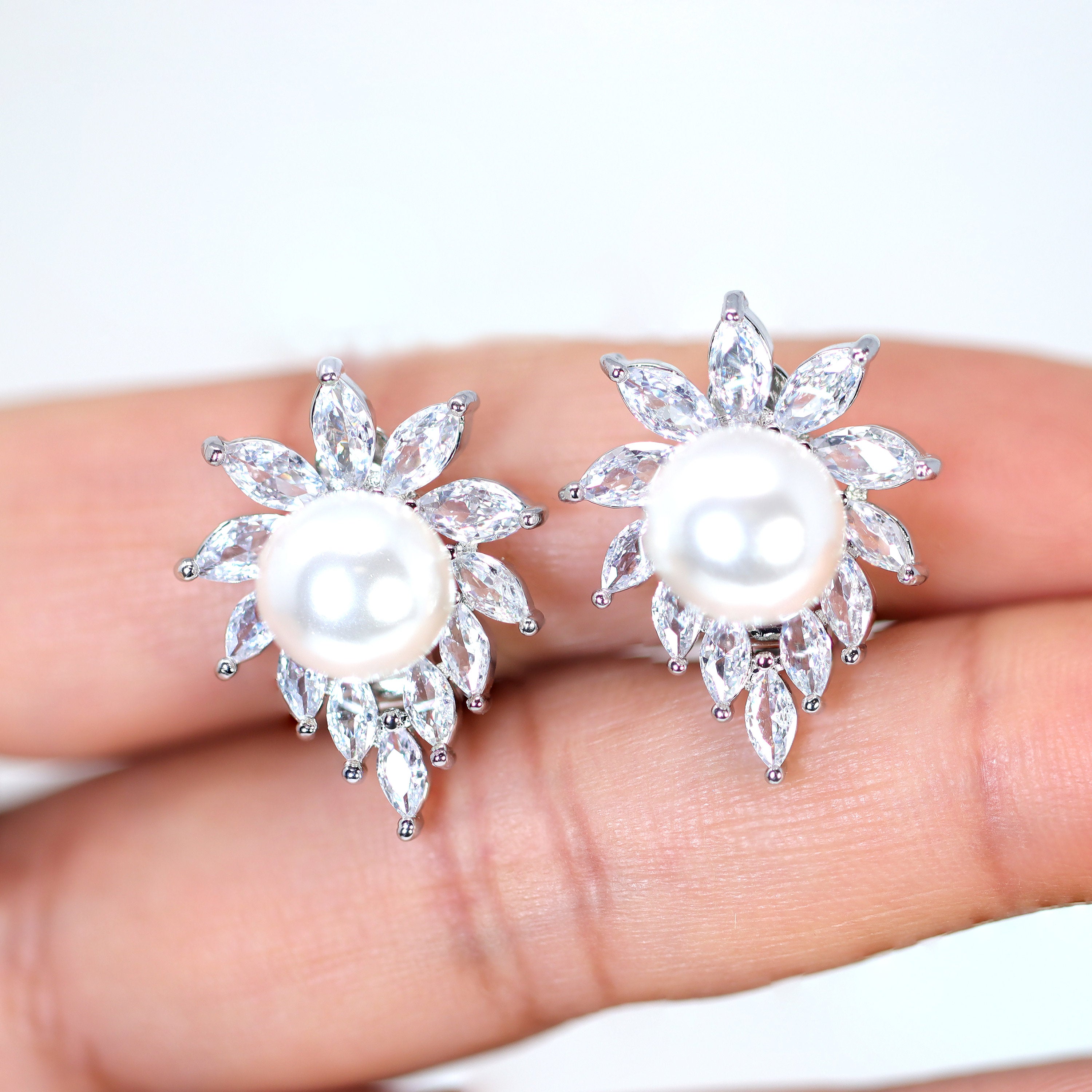 Enchanting Swarovski Clip on Floral Pearl Stud Earrings, Bridal Jewelry, Bridal Stud Earrings, Crystal Earrings, Statement Earrings Cz