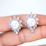 Enchanting Swarovski Clip on Floral Pearl Stud Earrings, Bridal Jewelry, Bridal Stud Earrings, Crystal Earrings, Statement Earrings Cz