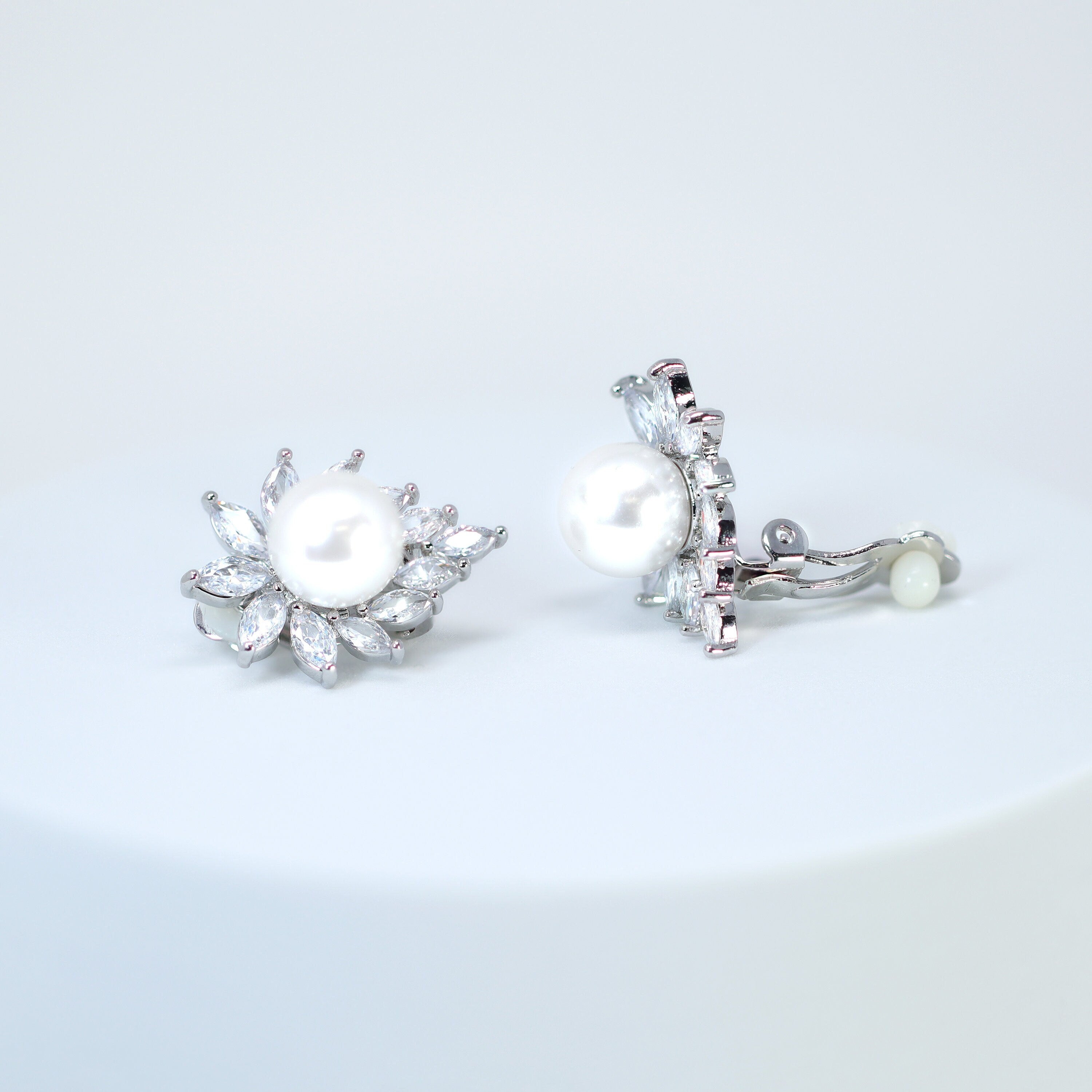 Enchanting Swarovski Clip on Floral Pearl Stud Earrings, Bridal Jewelry, Bridal Stud Earrings, Crystal Earrings, Statement Earrings Cz