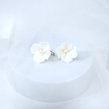 Clip on Ceramic White Flower Natural Pearl Stud Earrings, White Flower Bridal Earrings, Pearl Statement Earrings