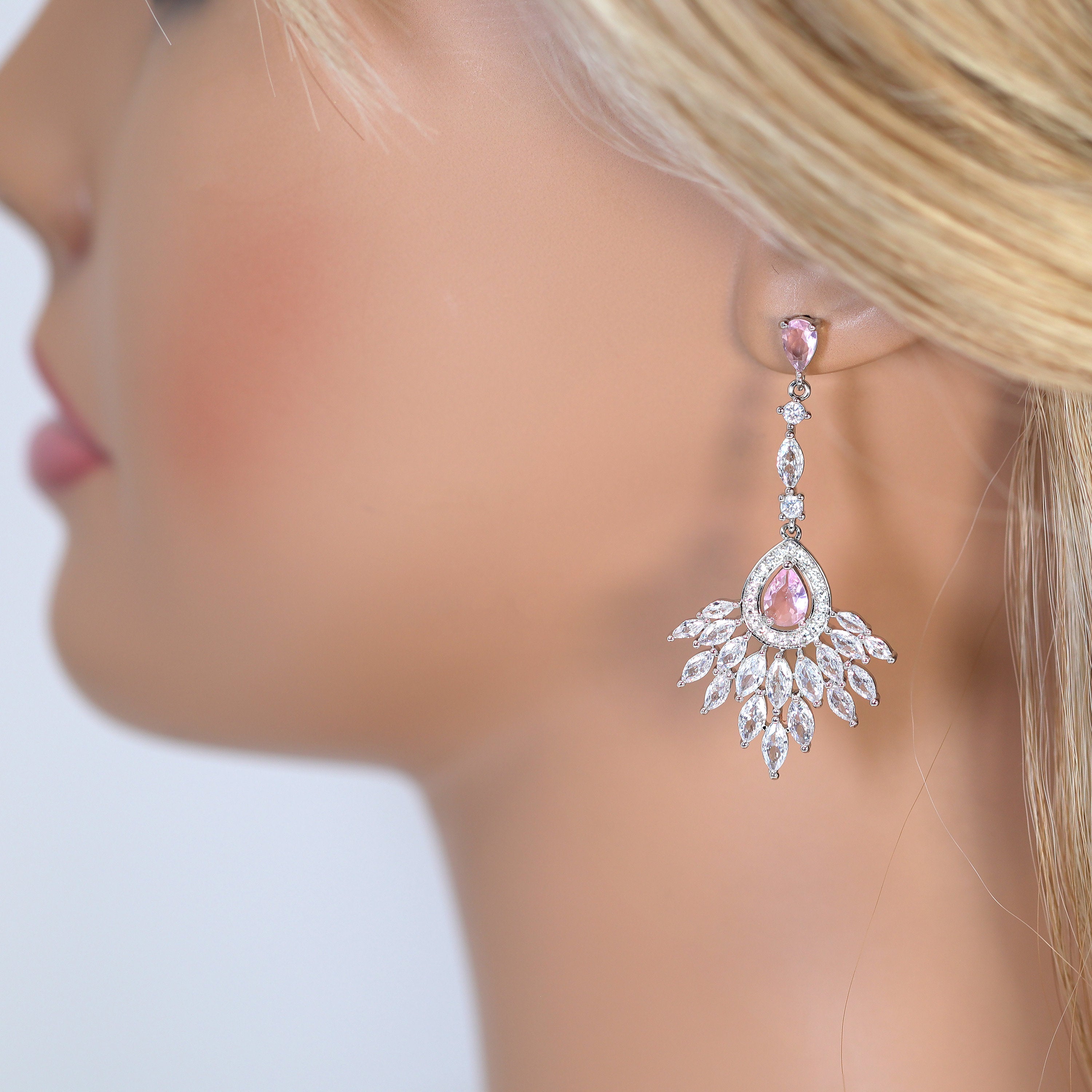 Swarovski Crystal Cz Diamond Elegent Pink Droplets Earrings, Bridal Jewelry, Crystal Bridal Dangle Earrings, Statement Earrings Cz