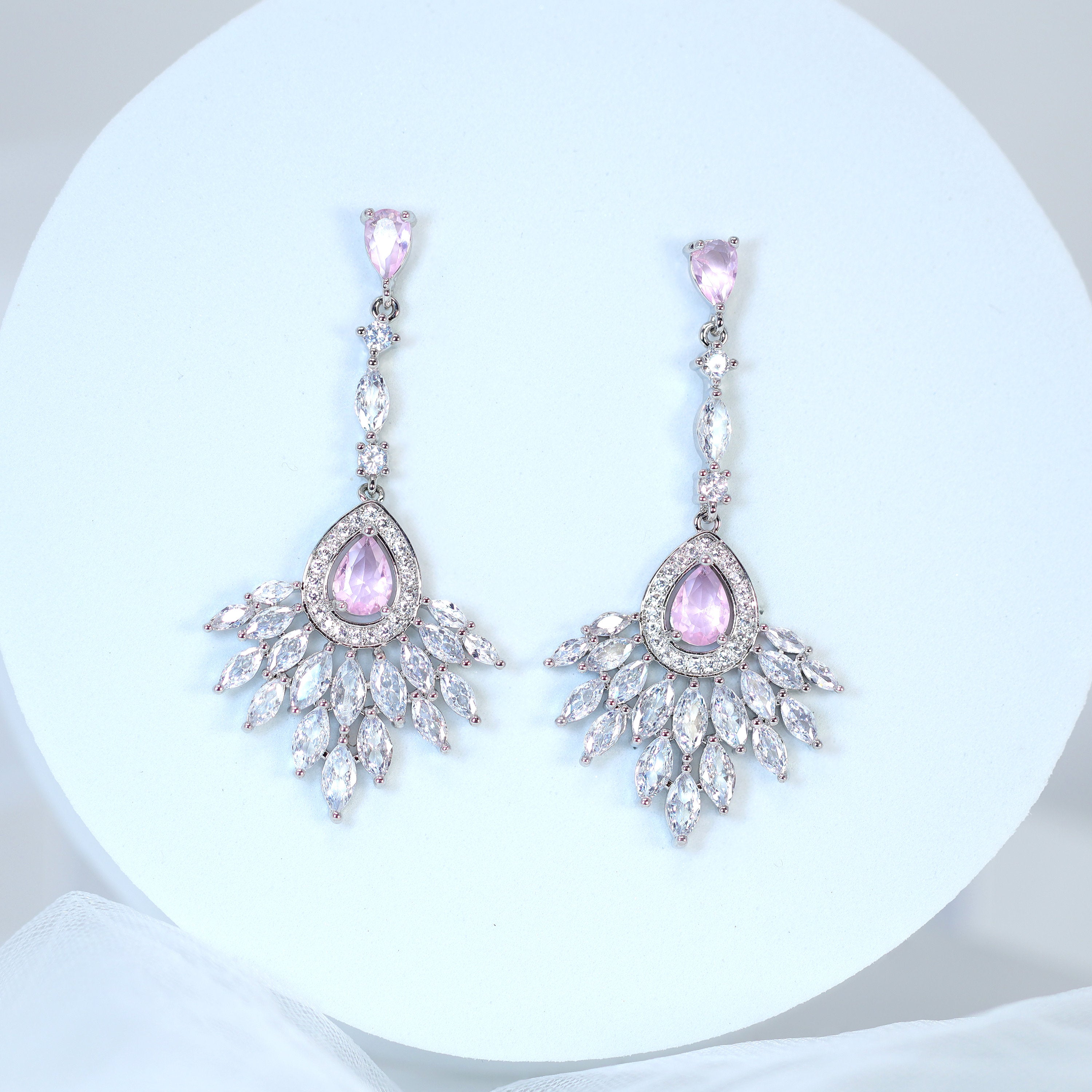 Swarovski Crystal Cz Diamond Elegent Pink Droplets Earrings, Bridal Jewelry, Crystal Bridal Dangle Earrings, Statement Earrings Cz