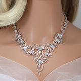 Swarovski Crystal Silver Floral Vine Necklace Set , Long Bridal Jewelry, Bridal Earrings And Necklace, Statement Earrings Cz Necklace Set.