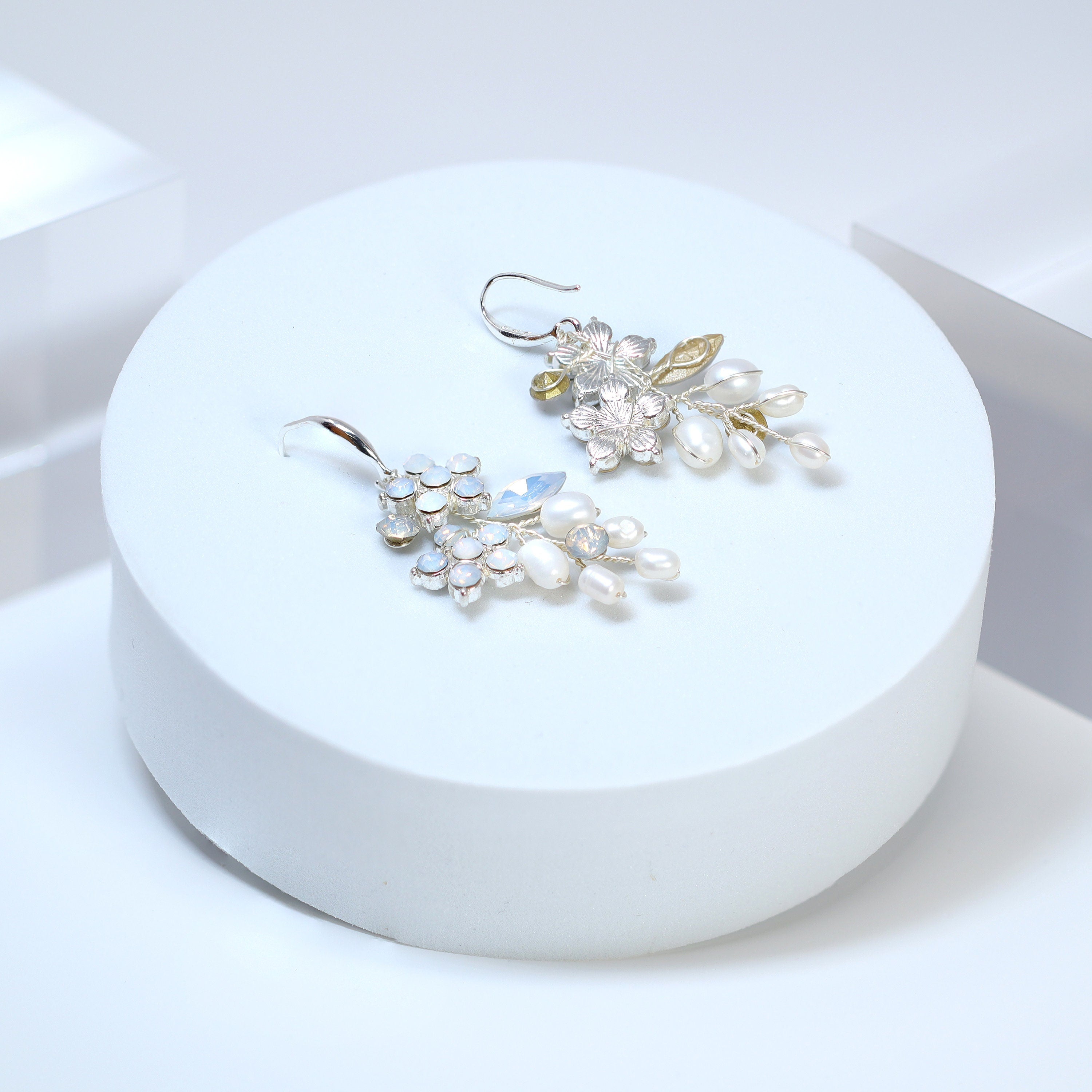 Something Blue Opal Floral Freshwater Pearl Earrings, Long Bridal Jewelry, Opal Bridal Earrings, Statement Earrings