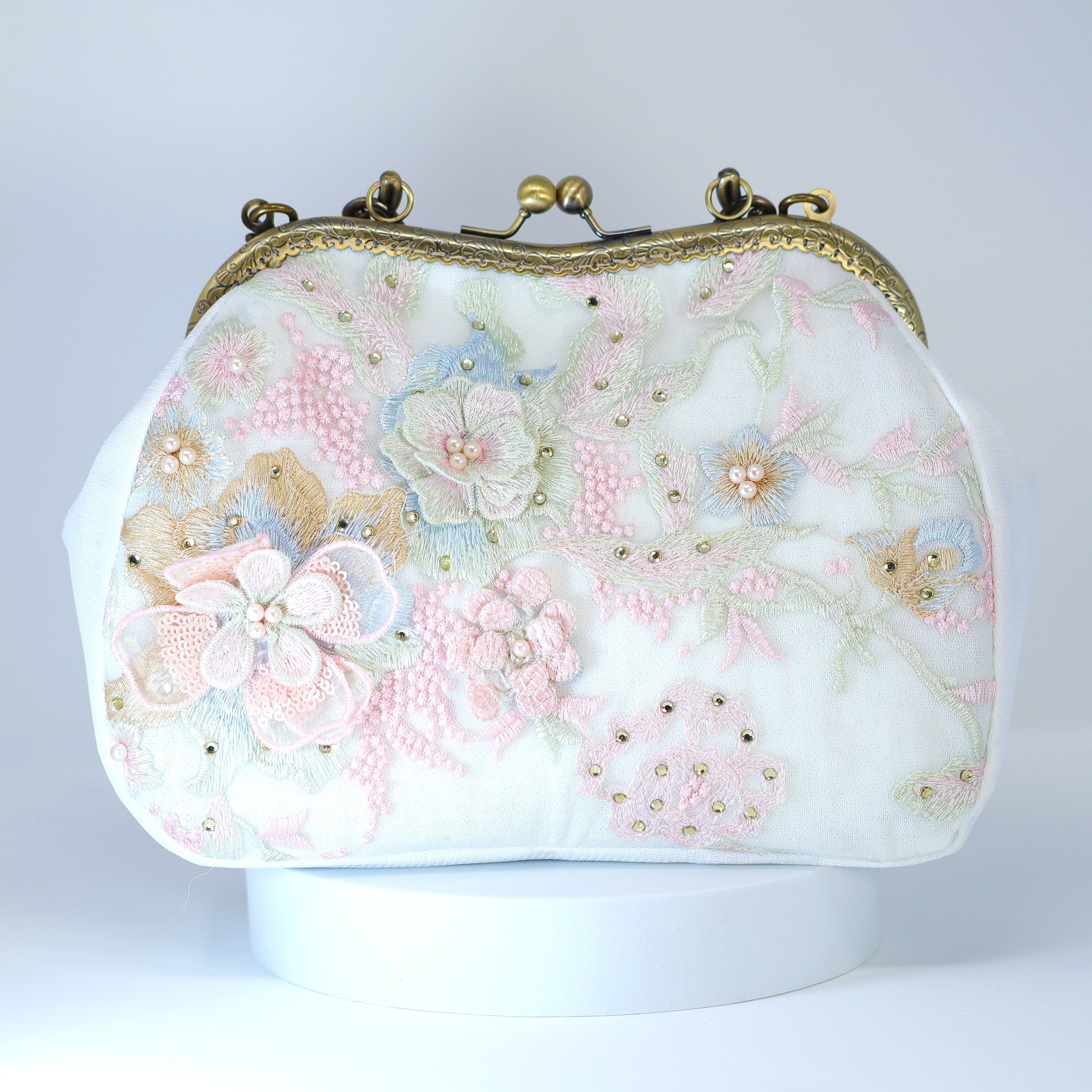 White Embroidered Lace Pink Blue Floral Garden Wedding Bag, Statement Bag, Evening Clutch, Bridal Clutch, White Cross Body Bag