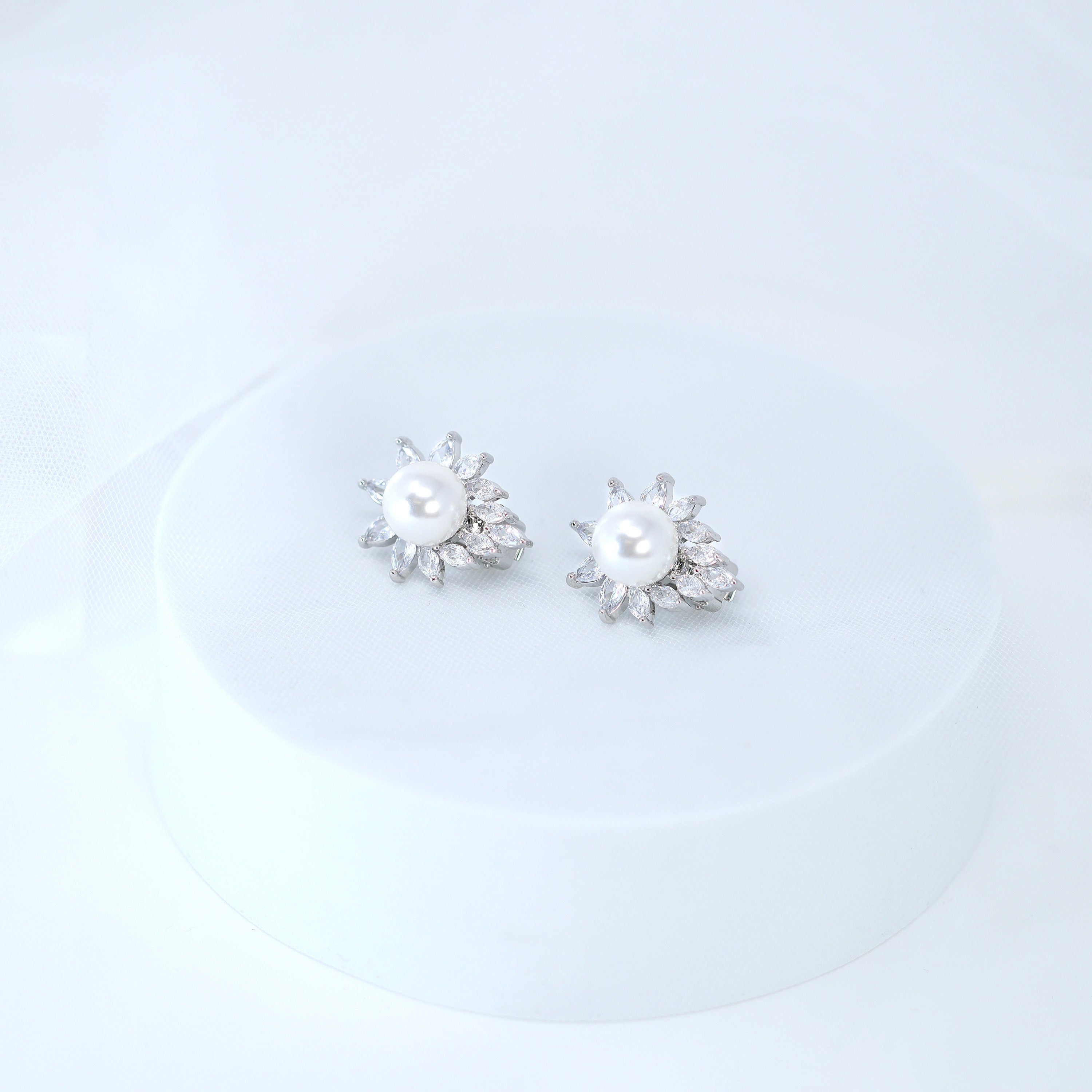 Enchanting Swarovski Clip on Floral Pearl Stud Earrings, Bridal Jewelry, Bridal Stud Earrings, Crystal Earrings, Statement Earrings Cz