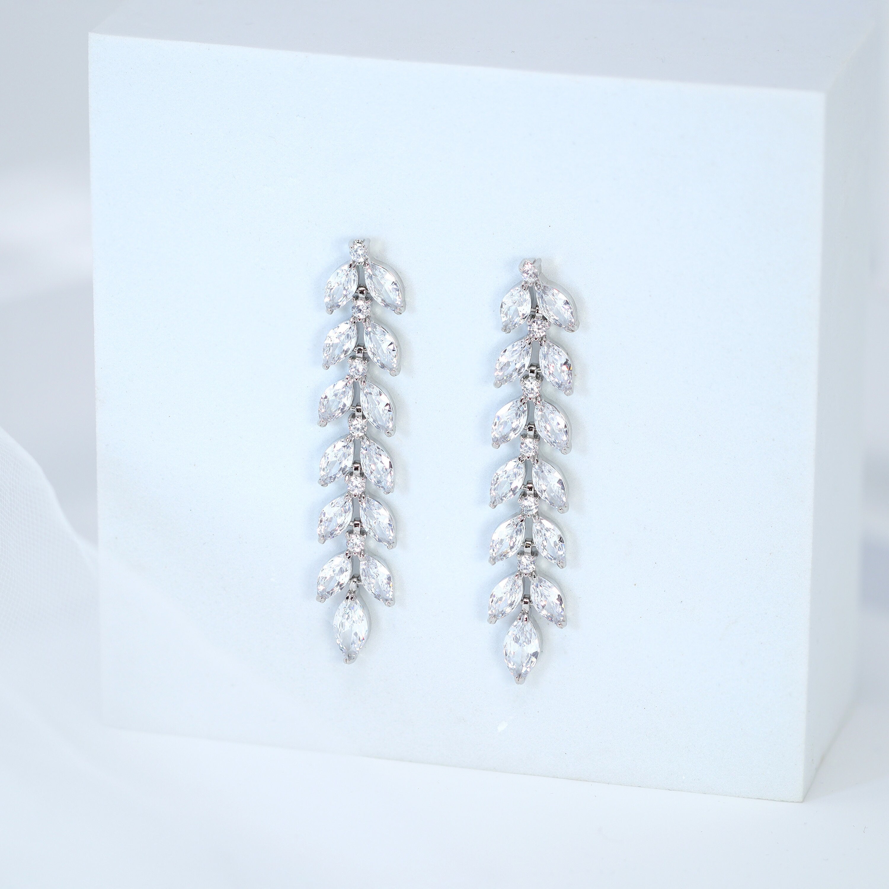 Swarovski Crystal Mystical Leaves Drop Diamond Earrings, Long Bridal Jewelry, Bridal Earrings, Crystal Earrings, Statement Earrings Cz
