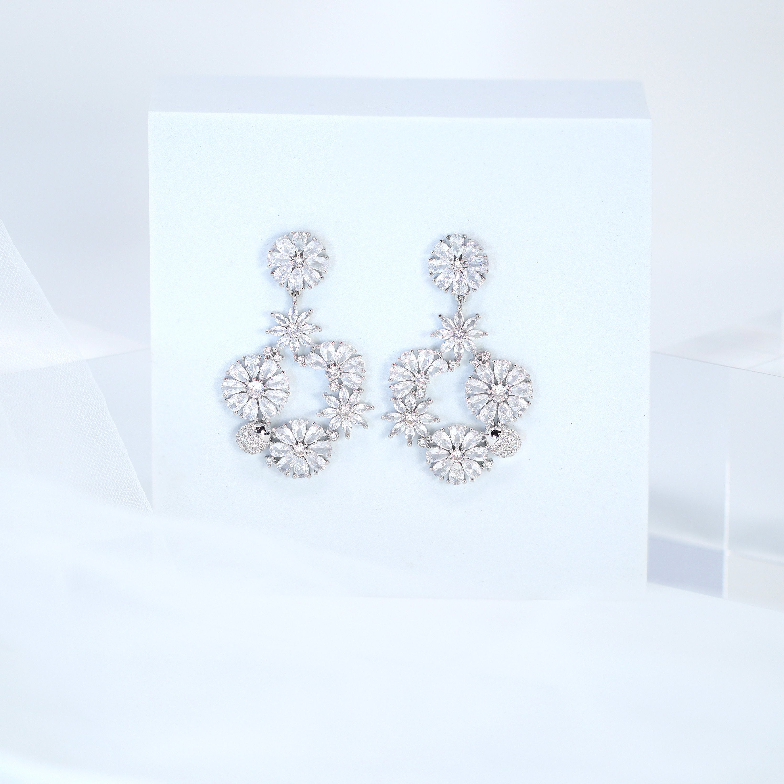 Luxurious Diamond Gold Silver Floral Paradise Earrings , Long Hoop Bridal Jewelry, Real Pearl Bridal Earrings, Statement Earrings.