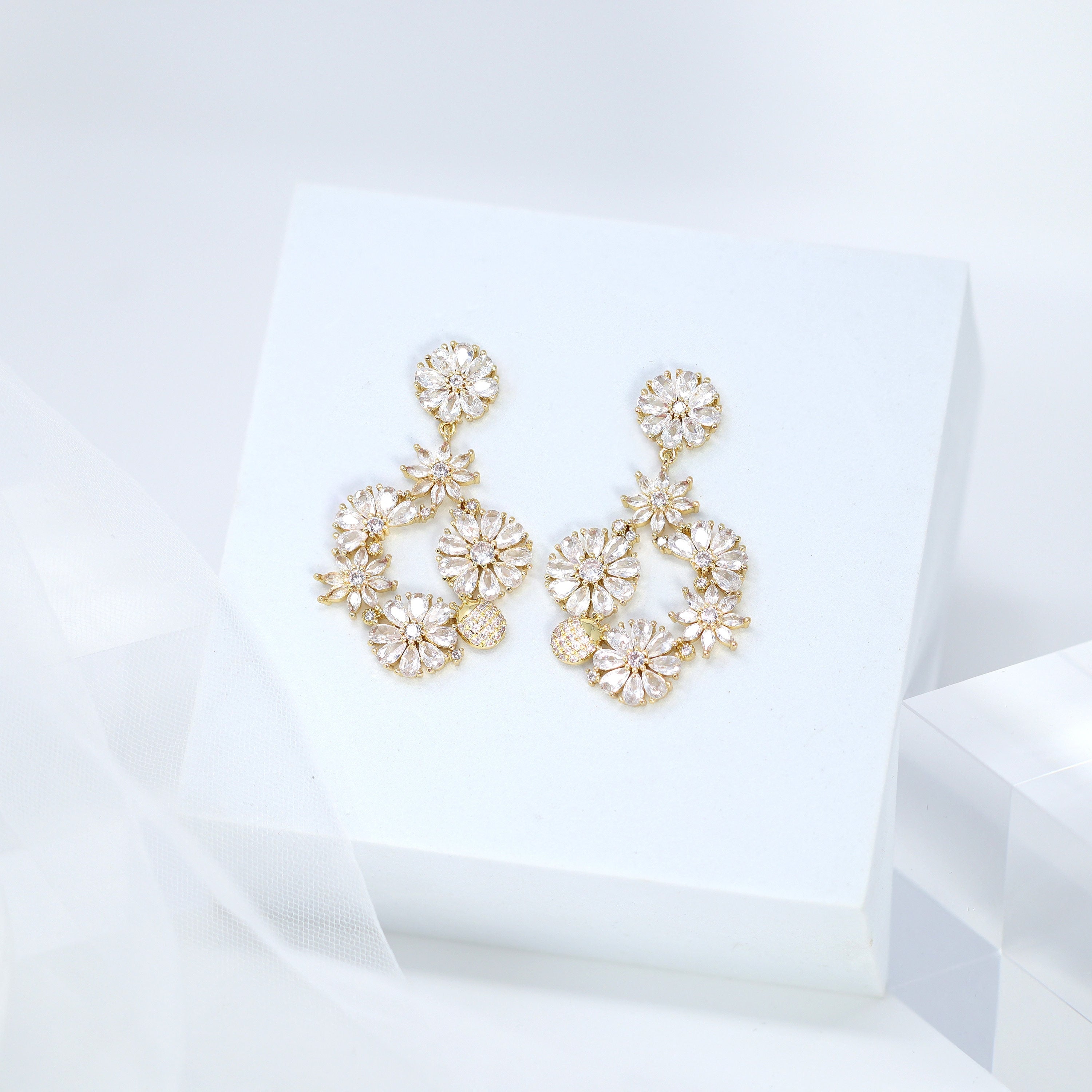 Luxurious Diamond Gold Silver Floral Paradise Earrings , Long Hoop Bridal Jewelry, Real Pearl Bridal Earrings, Statement Earrings.