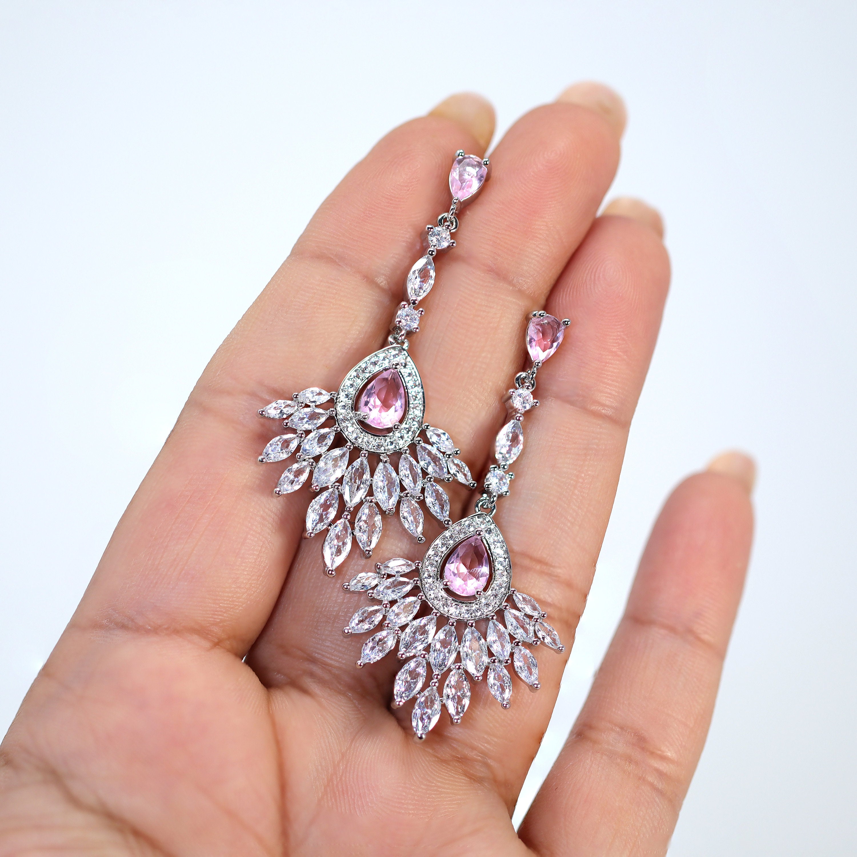 Swarovski Crystal Cz Diamond Elegent Pink Droplets Earrings, Bridal Jewelry, Crystal Bridal Dangle Earrings, Statement Earrings Cz