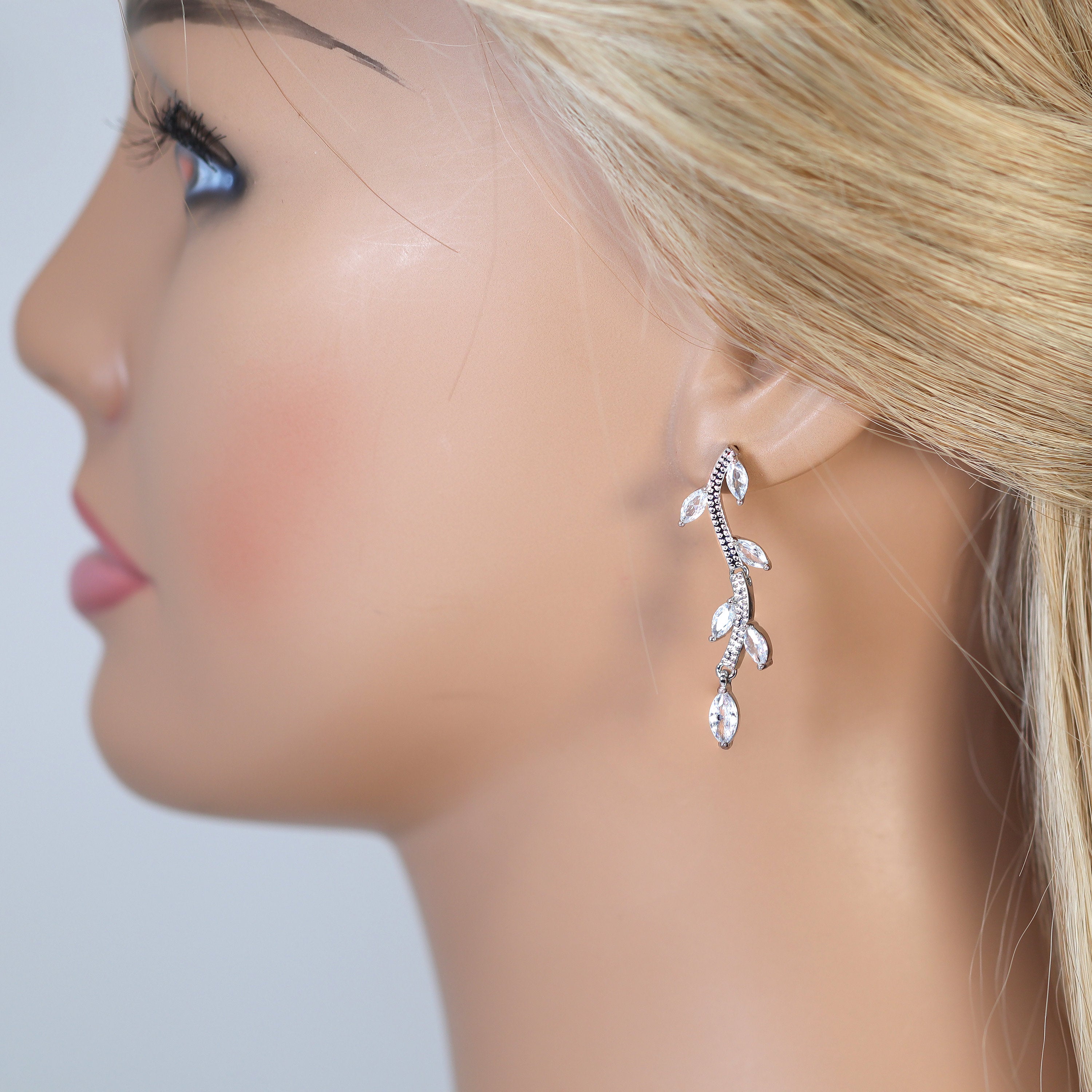 Swarovski Crystal Dainty Leaves Branch Necklace, Long Bridal Jewelry, Bridal Earrings And Necklace, Statement Earrings Cz Necklace Set.