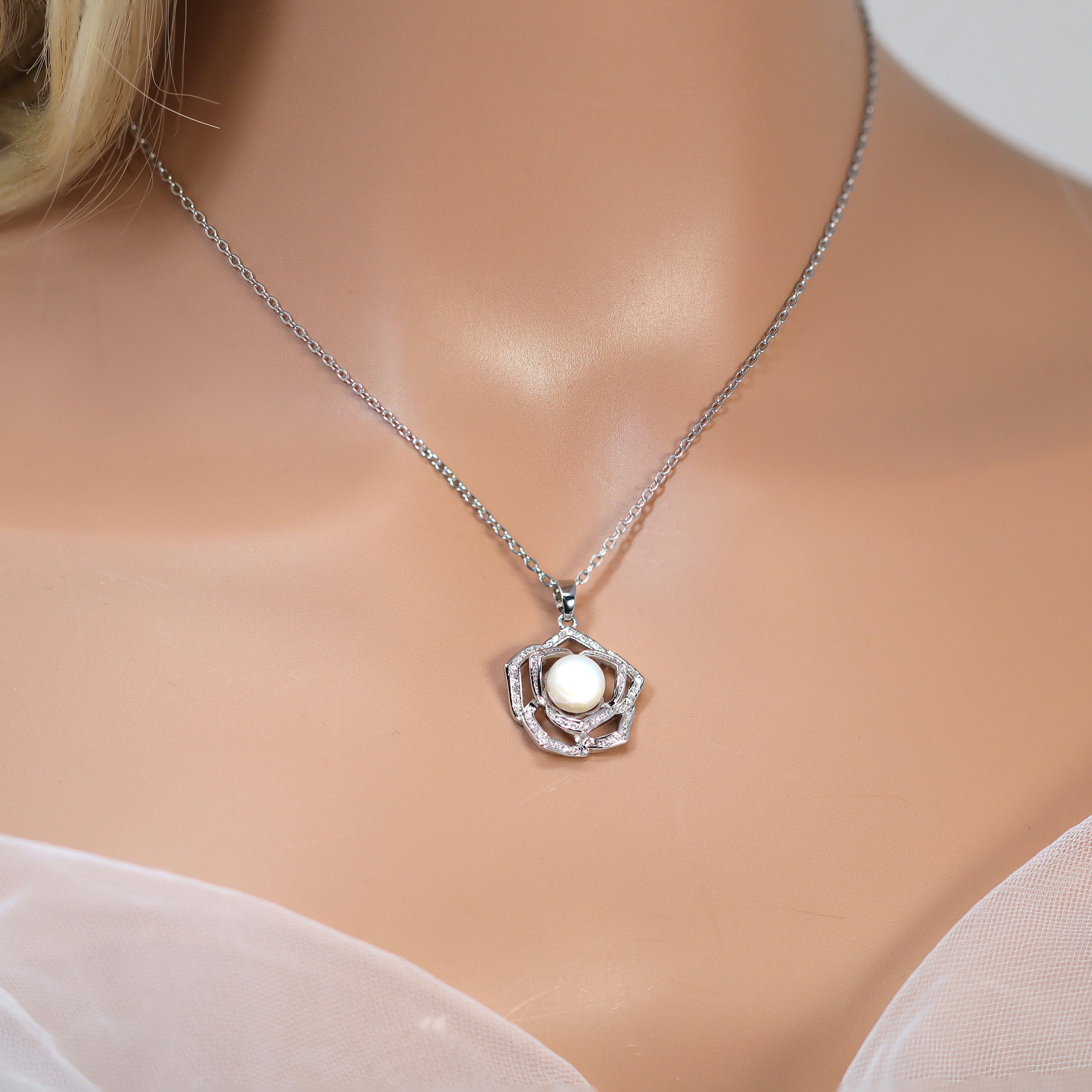 Swarovski Crystal Dainty Rose Flower Pearl Necklace Set , Bridal Jewelry, Bridal Earrings And Necklace, Statement Earrings Cz, Necklace Set
