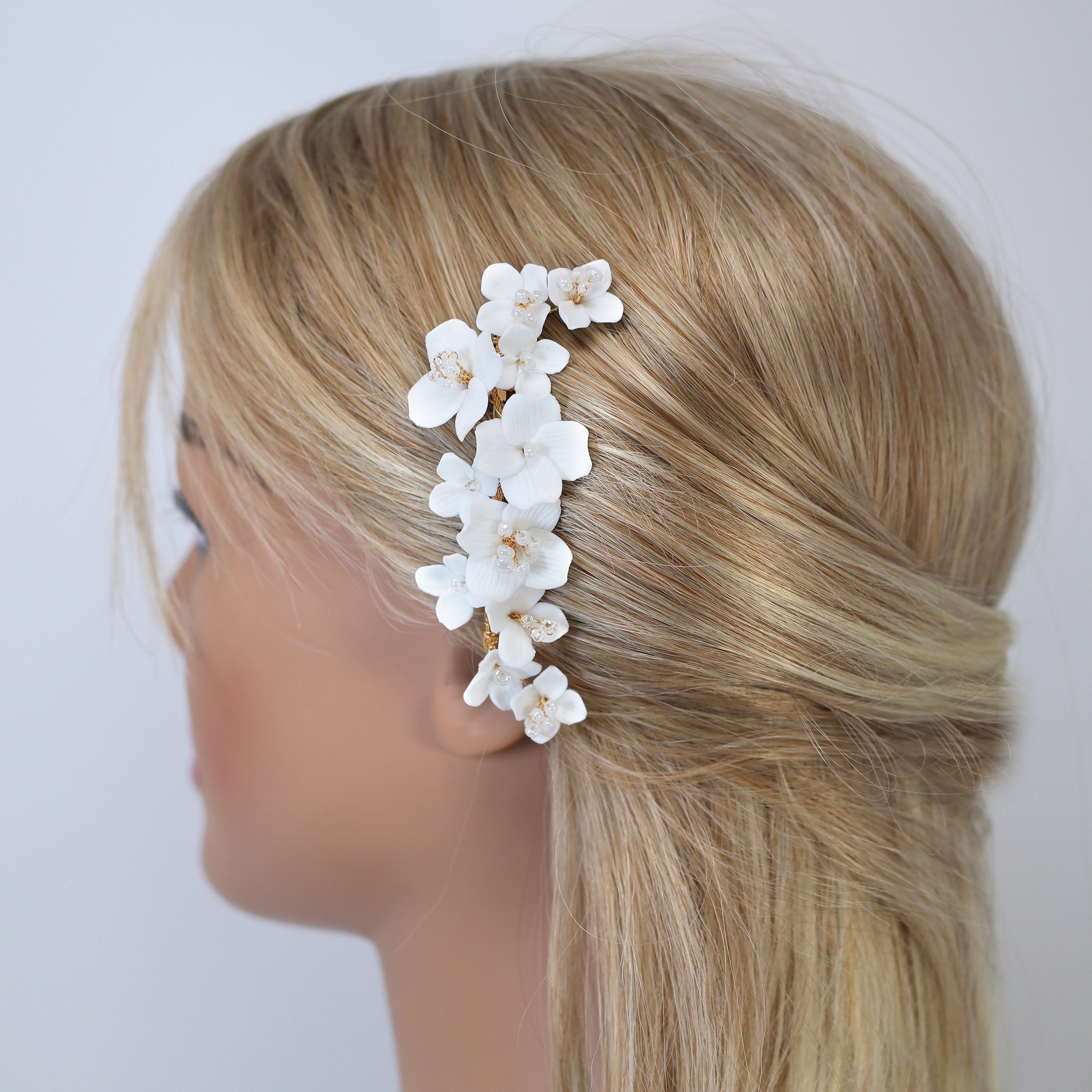 Ceramic White Flowers Pearl Hair comb, Bridal Gold Finish Hair Piece, Bridal Hair Accessories, Wedding Hair Accessory.