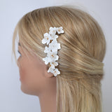 Ceramic White Flowers Pearl Hair comb, Bridal Gold Finish Hair Piece, Bridal Hair Accessories, Wedding Hair Accessory.