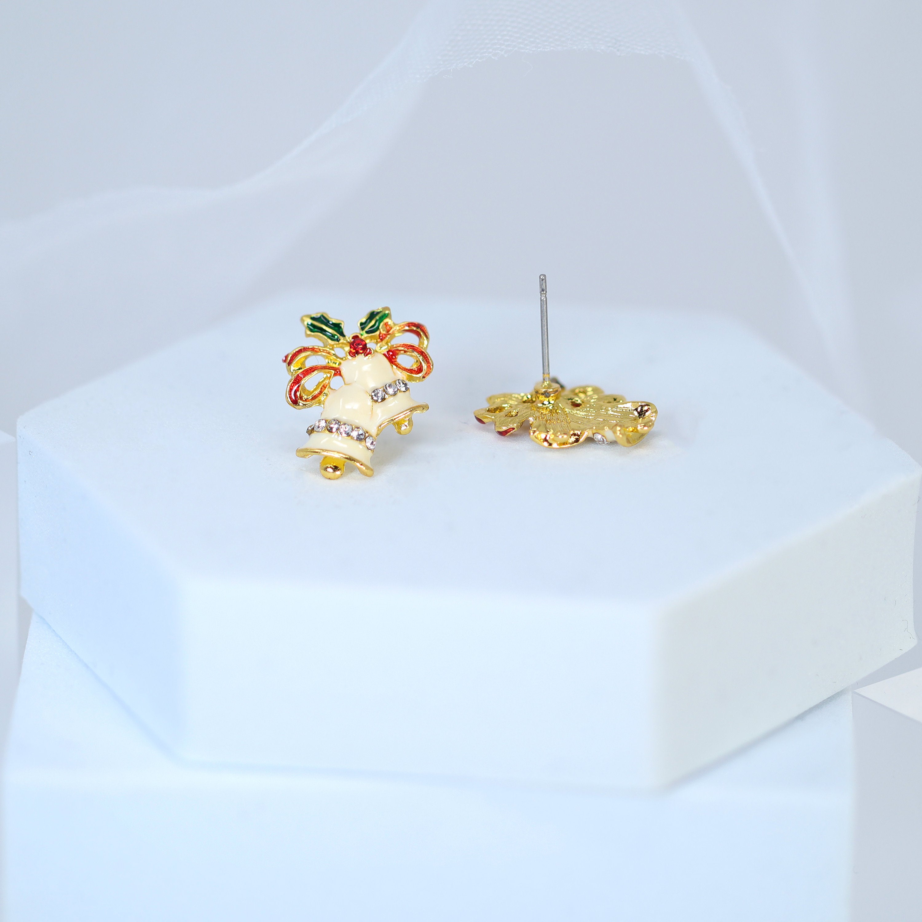 Crystal Beige Jingle Bells With Red Bow And Green Leaf Christmas Earrings, Statement Christmas earrings.