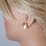 Crystal Beige Jingle Bells With Red Bow And Green Leaf Christmas Earrings, Statement Christmas earrings.