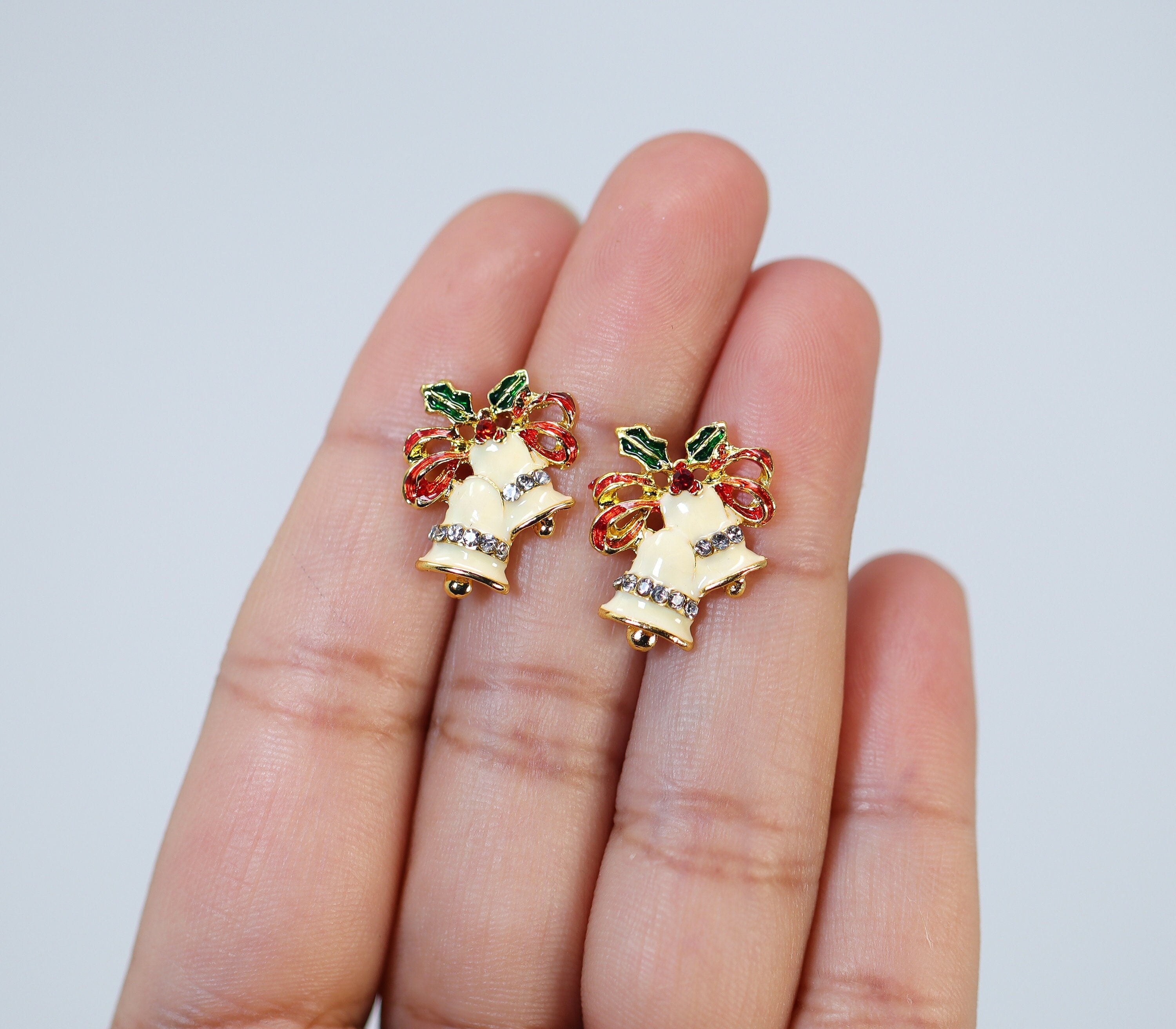 Crystal Beige Jingle Bells With Red Bow And Green Leaf Christmas Earrings, Statement Christmas earrings.