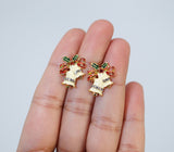 Crystal Beige Jingle Bells With Red Bow And Green Leaf Christmas Earrings, Statement Christmas earrings.
