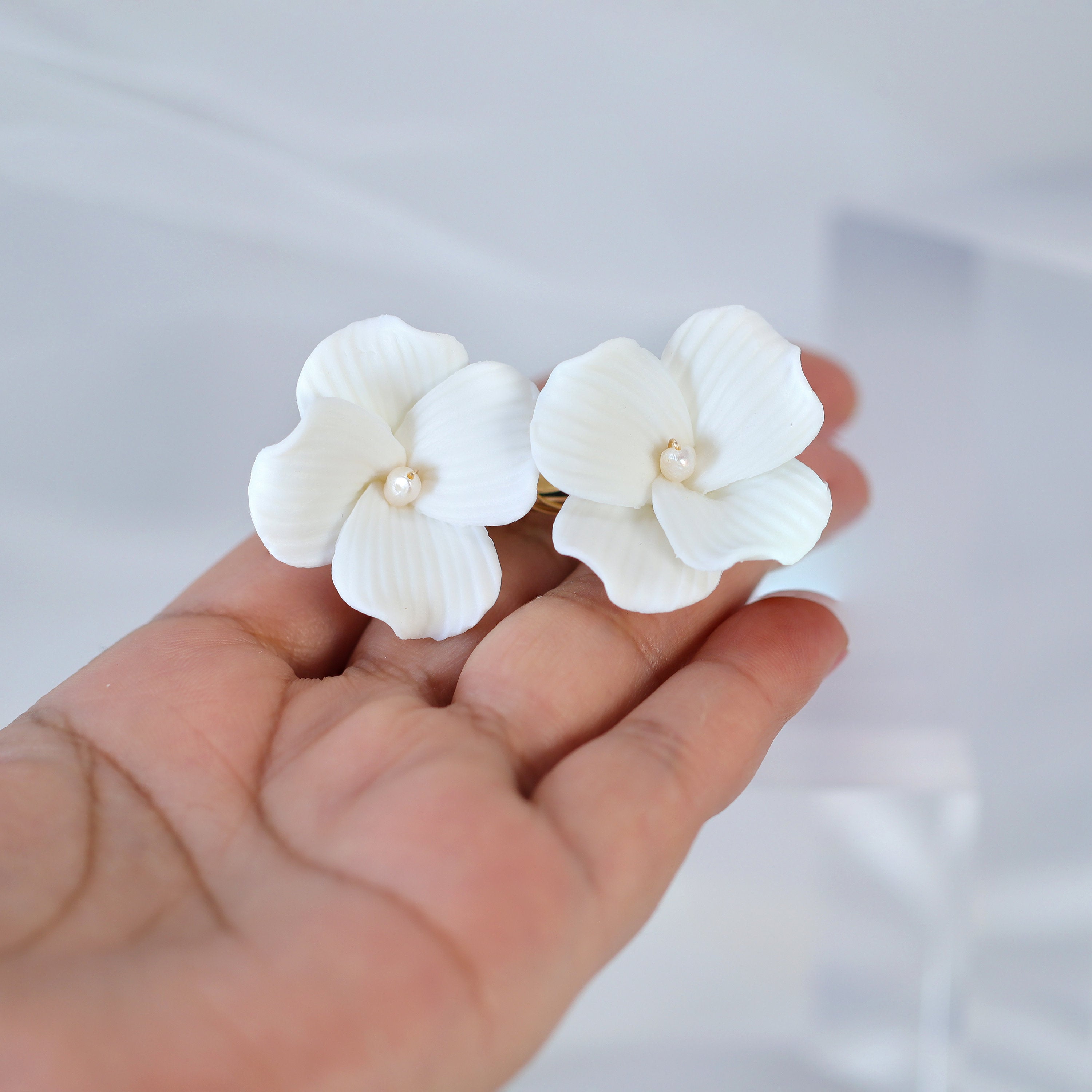 Freshwater Natural Pearl Dainty Couple Of Porcelain White Flower Blossom Bridal Hair Clip, Bridesmaid Gift, Wedding Hair Accessory.
