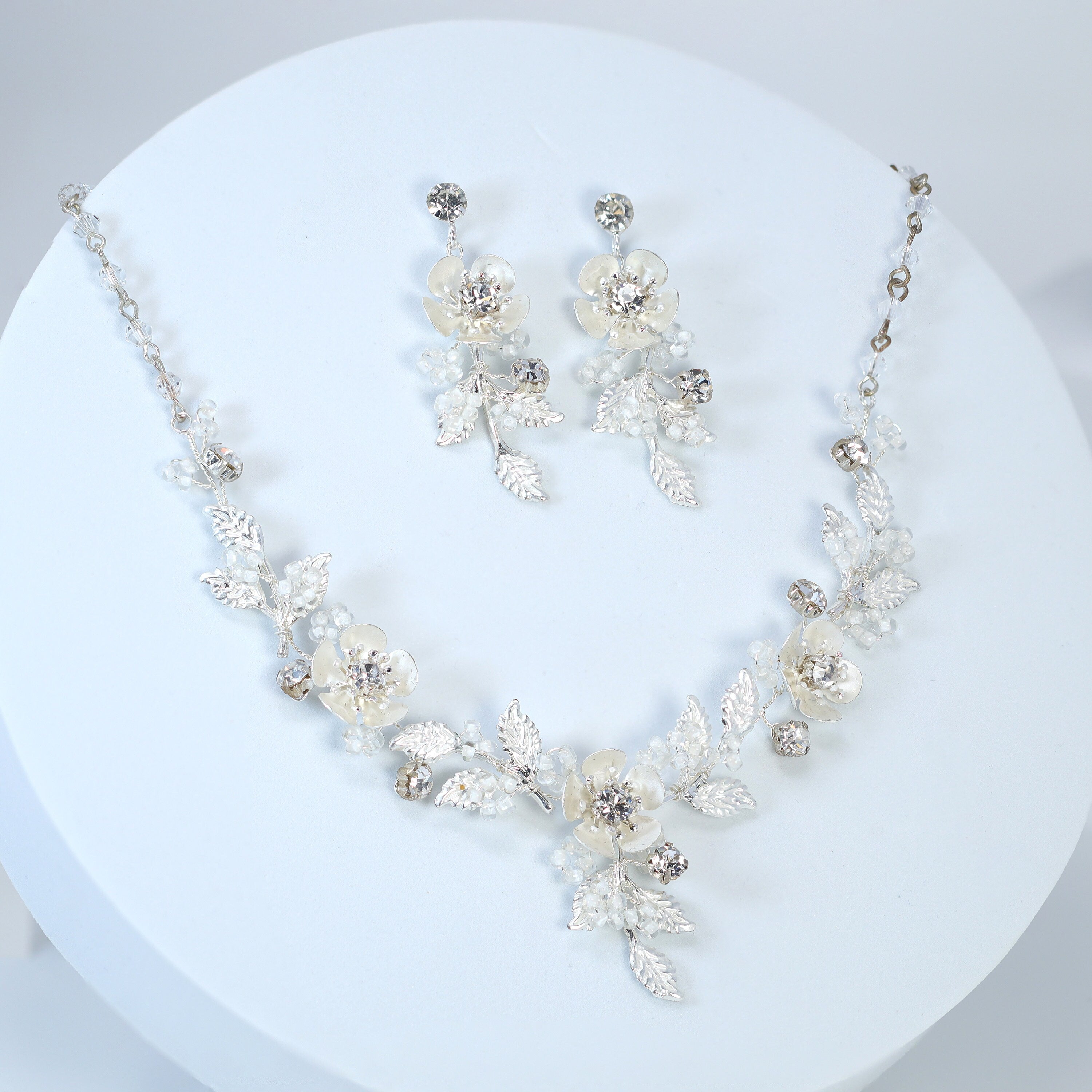 Swarovski Crystal Silver Floral Necklace set , Long Bridal Jewelry Crystal Flower Necklace Bridal Earrings Statement Earrings