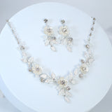 Swarovski Crystal Silver Floral Necklace set , Long Bridal Jewelry Crystal Flower Necklace Bridal Earrings Statement Earrings