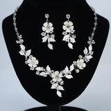 Swarovski Crystal Silver Floral Necklace set , Long Bridal Jewelry Crystal Flower Necklace Bridal Earrings Statement Earrings