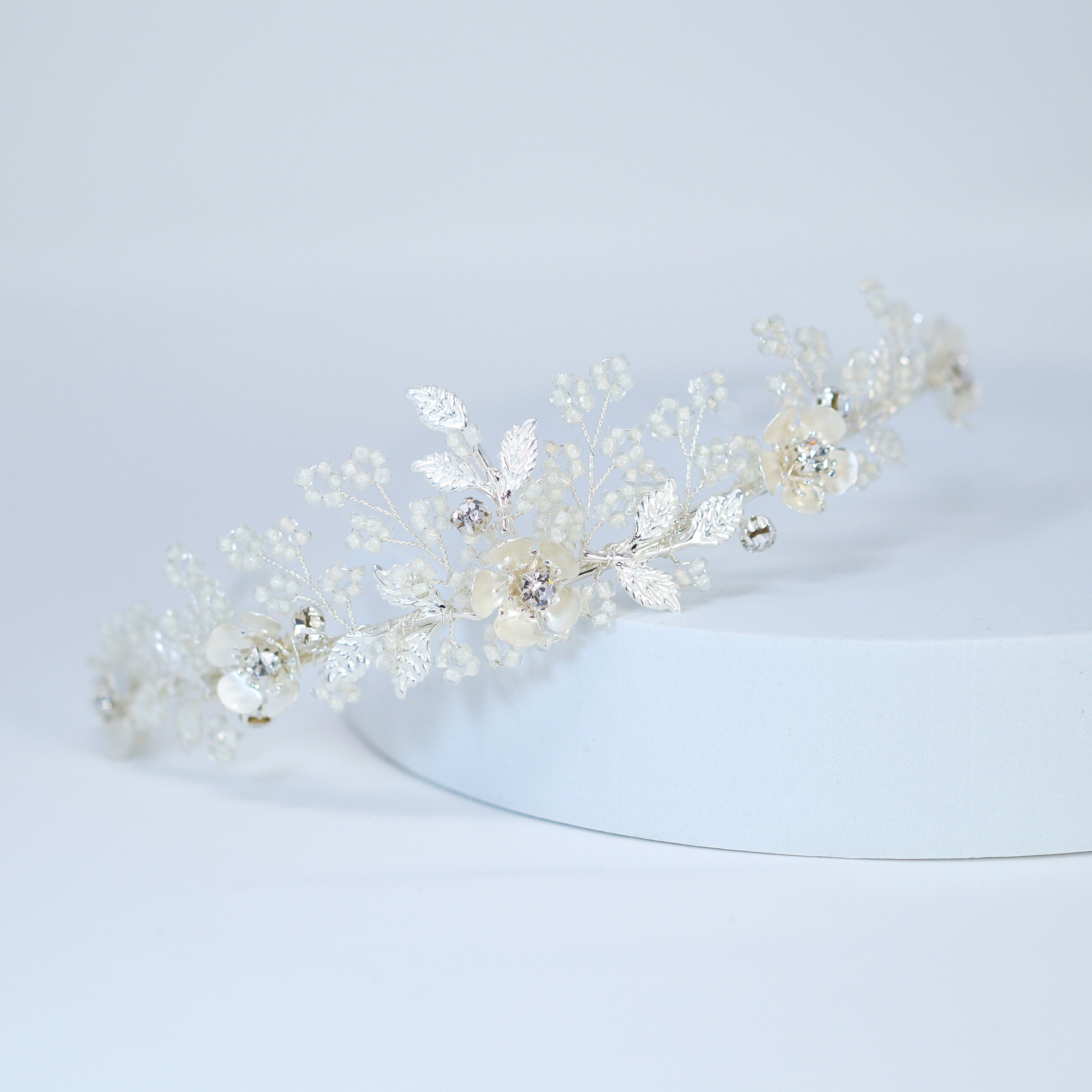 Swarovski Crystal Silver Floral Tiara , Long Bridal Jewelry Crystal Flower Tiara Bridal Earrings Statement Earrings