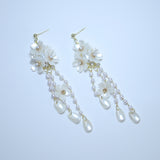 Light Weight Gold Swarovski Crystal Faux pearl White Floral Petal Drop earrings, Long Tassel Bridal Earrings Statement earrings