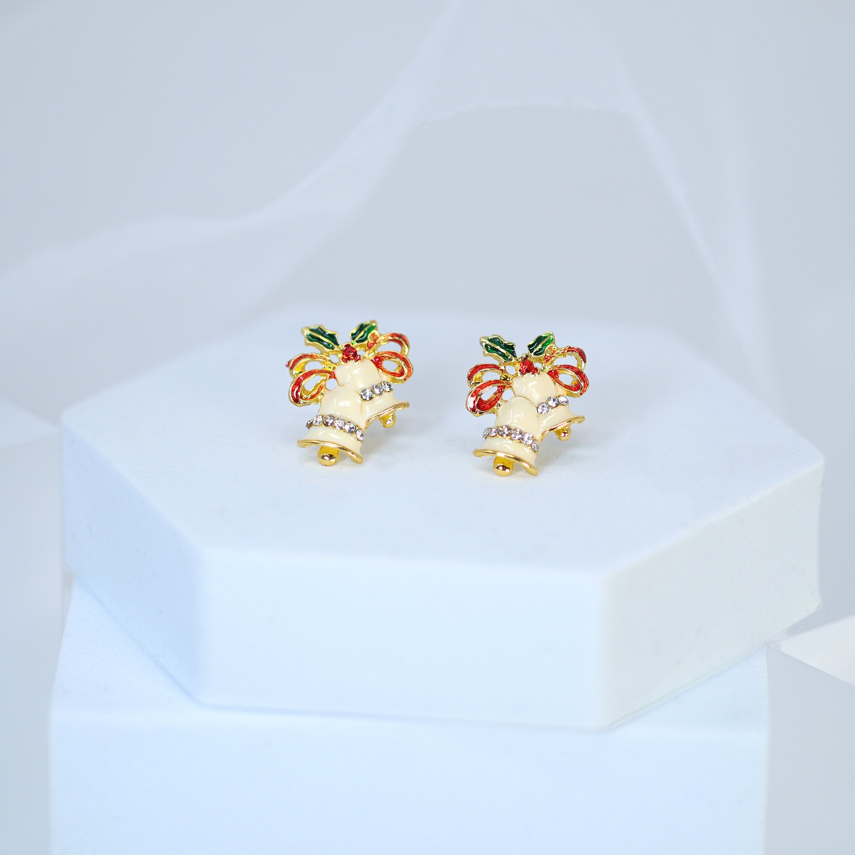 Crystal Beige Jingle Bells With Red Bow And Green Leaf Christmas Earrings, Statement Christmas earrings.
