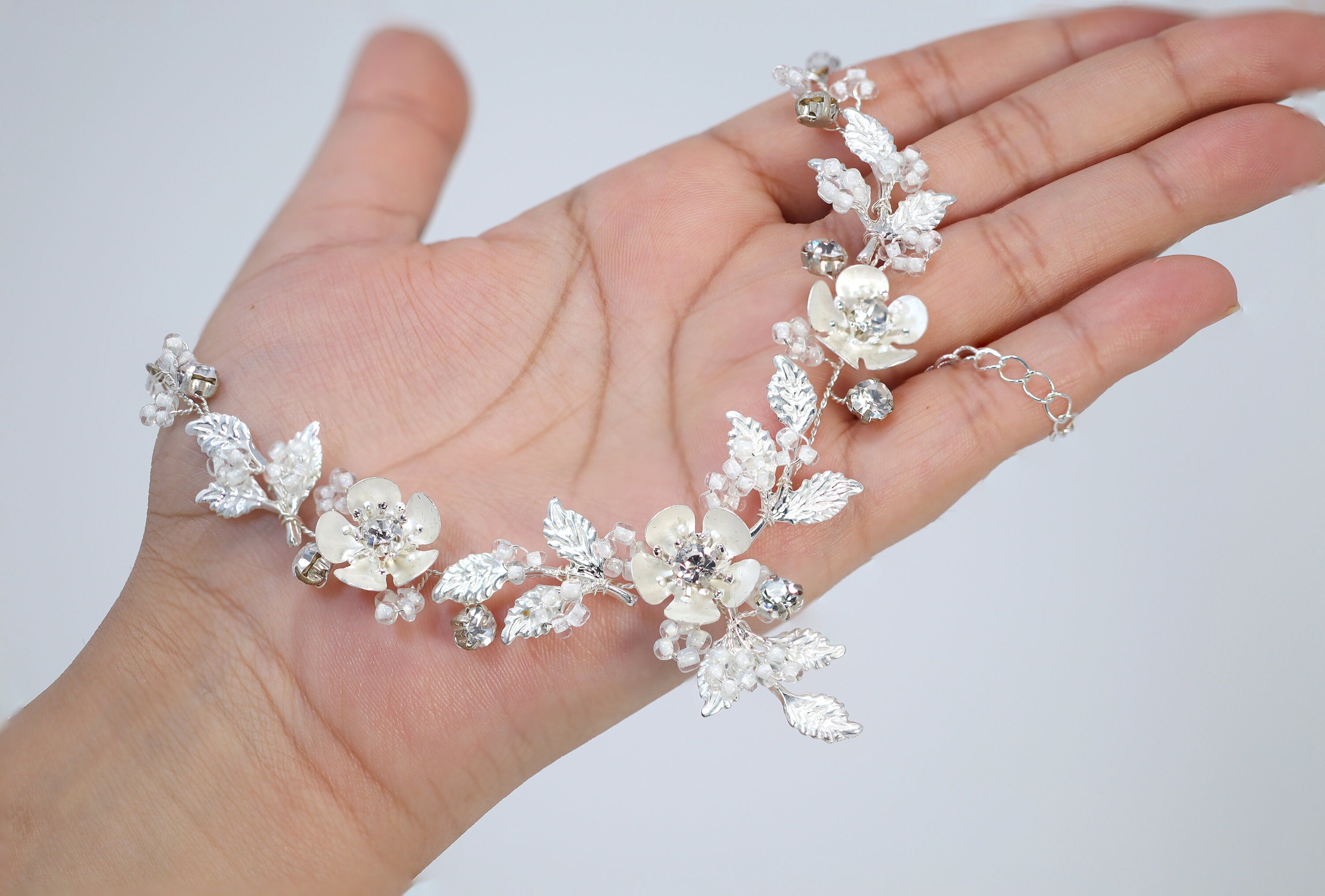 Swarovski Crystal Silver Floral Necklace set , Long Bridal Jewelry Crystal Flower Necklace Bridal Earrings Statement Earrings