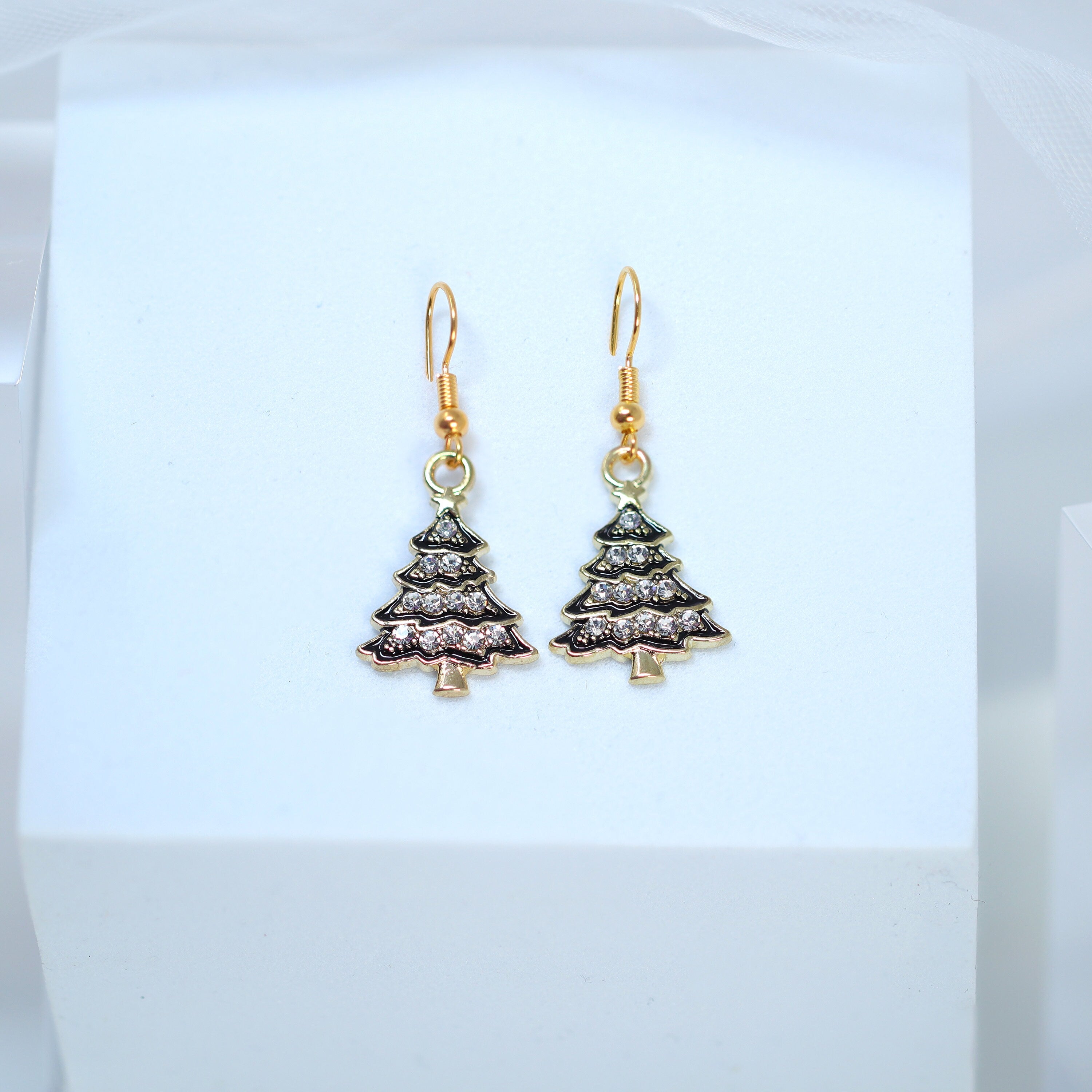 Minimalist Rhinestone Black Christmas Tree Dangle Earrings, Crystal Tree Earring, Statement Christmas Earring.