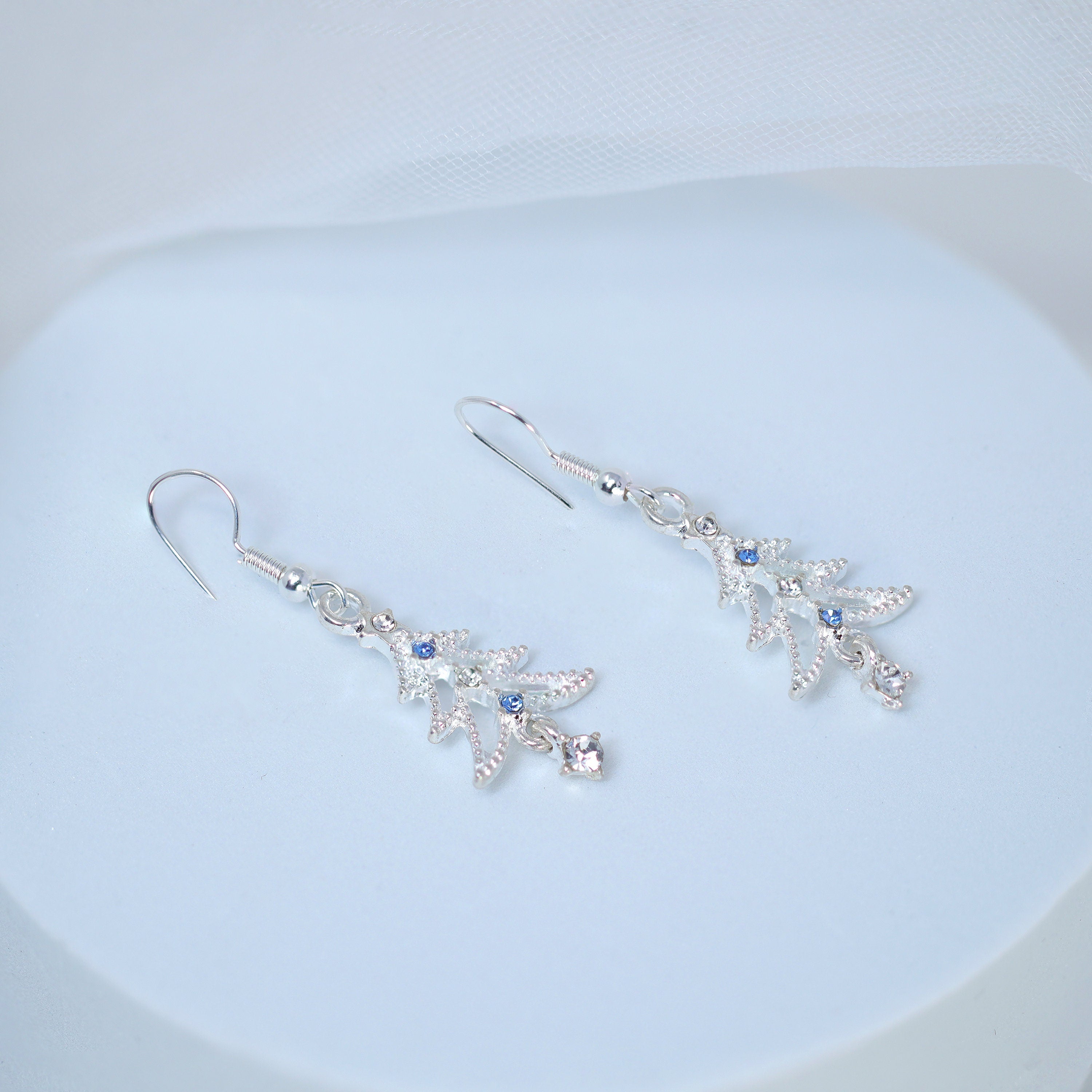 Minimalist Blue Rhinestone Christmas Tree Ornaments Dangle Earrings, Crystal Tree Earring, Statement Christmas Earring.