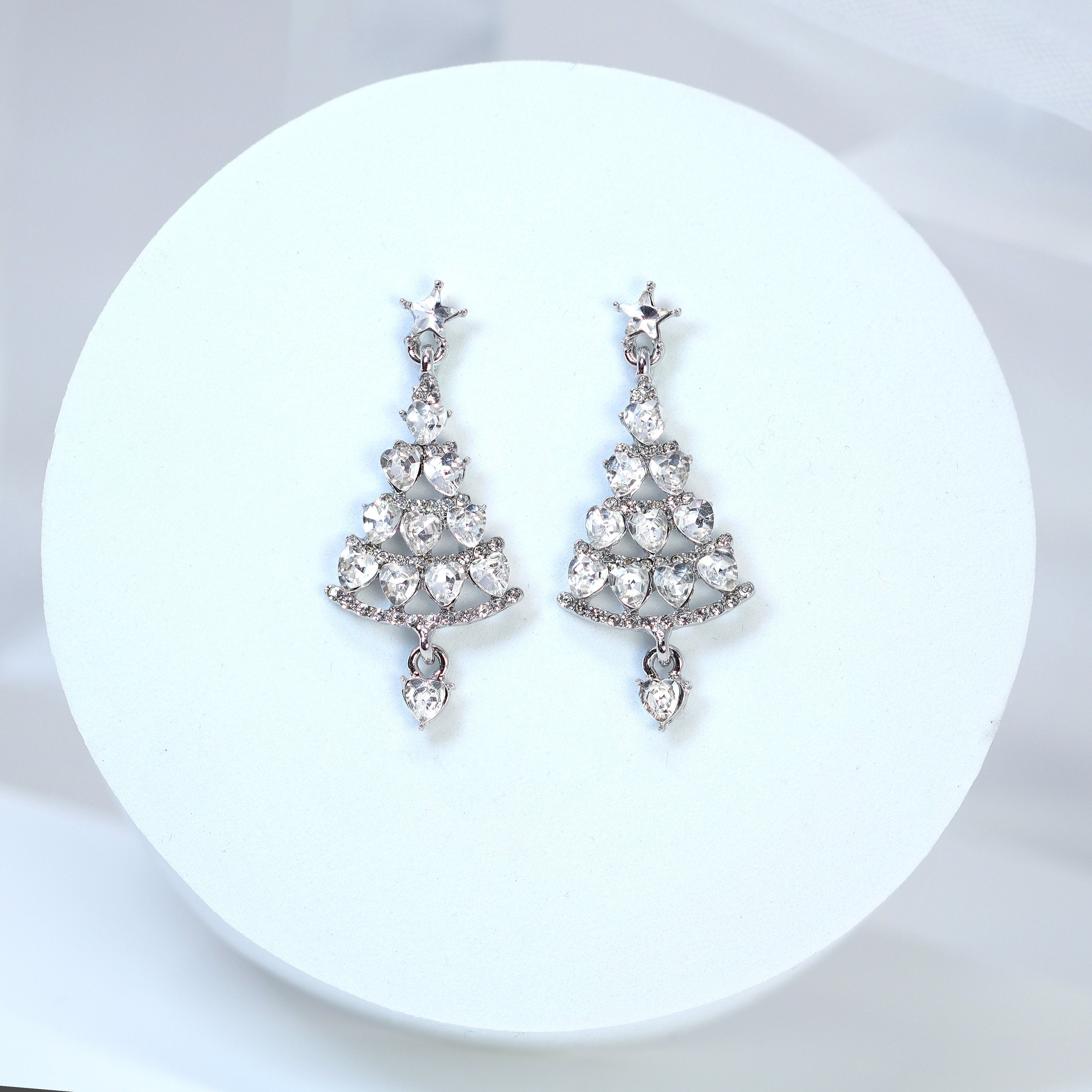 Rhinestone Star Christmas Tree Ornaments Dangle Earrings, Crystal Tree Earring, Statement Christmas Earring.