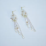 Light Weight Gold Swarovski Crystal Faux pearl White Floral Petal Drop earrings, Long Tassel Bridal Earrings Statement earrings