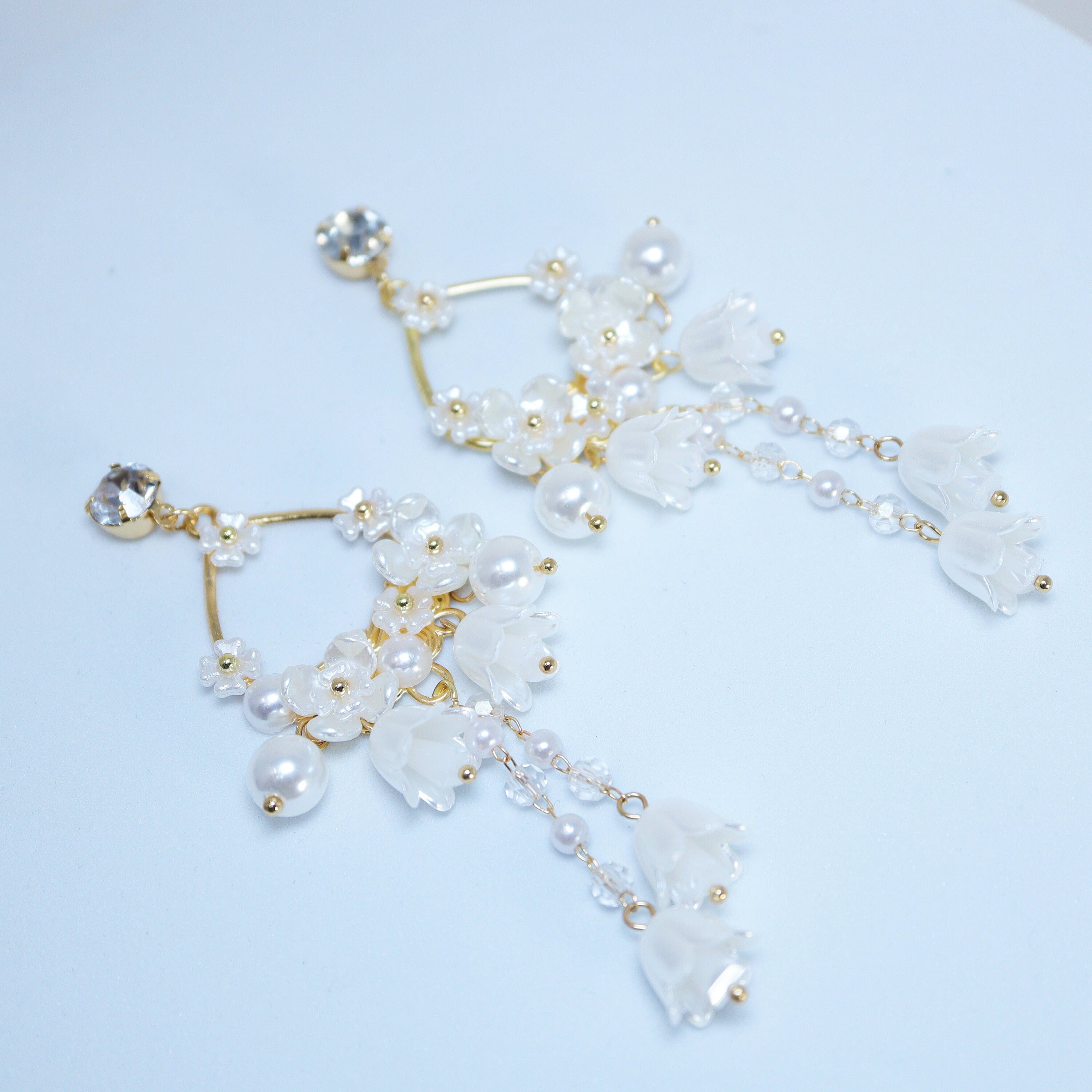 Light Weight Gold Swarovski Crystal Faux pearl White Floral Drop Hoop earrings, Long Tassel Bridal Earrings Statement earrings