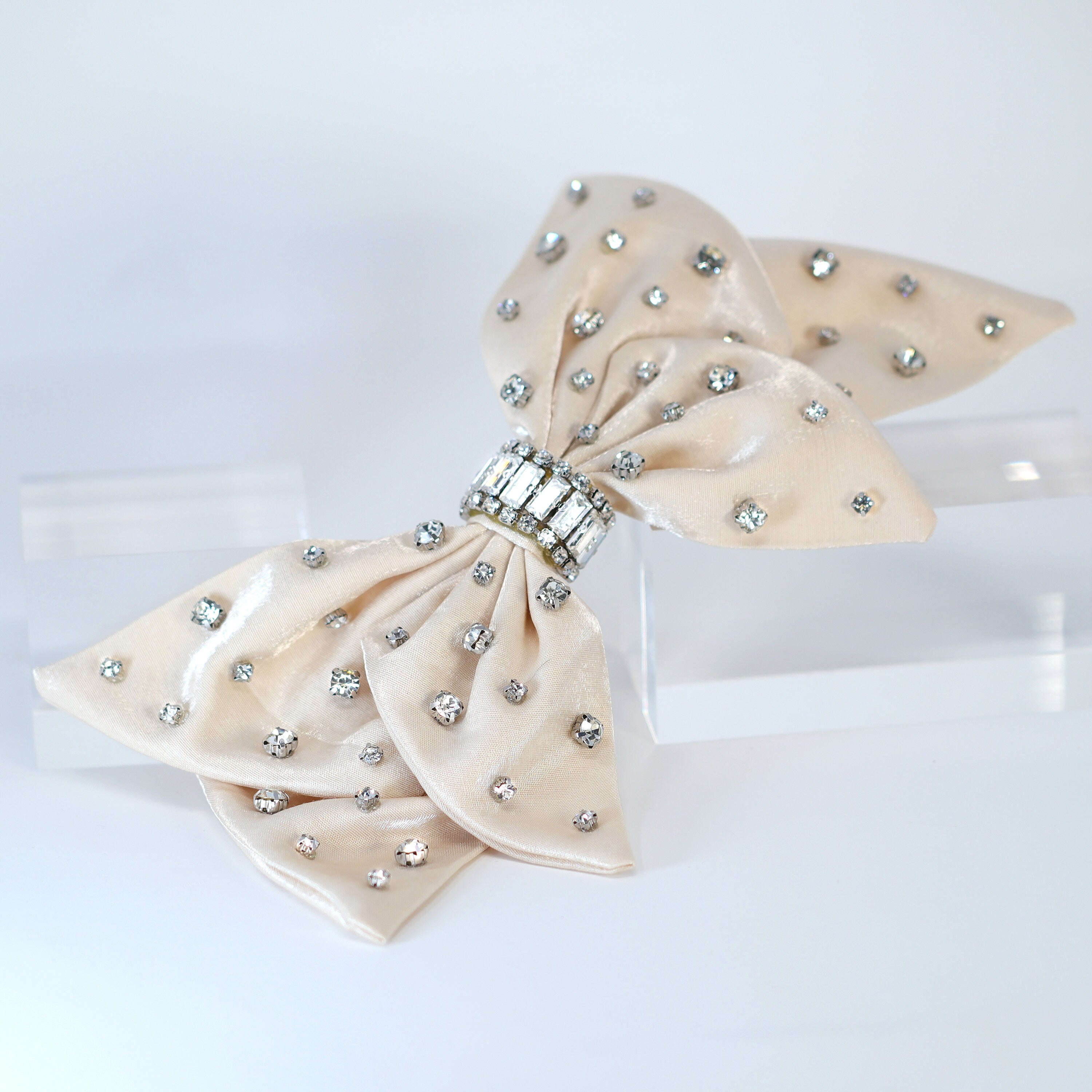 Beige Satin Bow With Rhinestones And Crystals Bridal French Hair Clip, Bridesmaid Gift, Wedding Hair Accessory, Large Hair Clip.