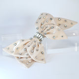 Beige Satin Bow With Rhinestones And Crystals Bridal French Hair Clip, Bridesmaid Gift, Wedding Hair Accessory, Large Hair Clip.