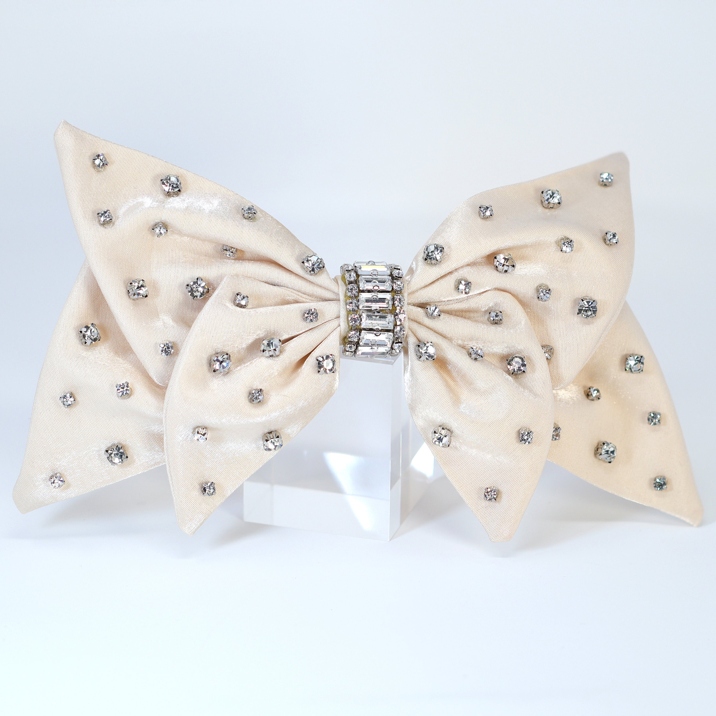 Beige Satin Bow With Rhinestones And Crystals Bridal French Hair Clip, Bridesmaid Gift, Wedding Hair Accessory, Large Hair Clip.
